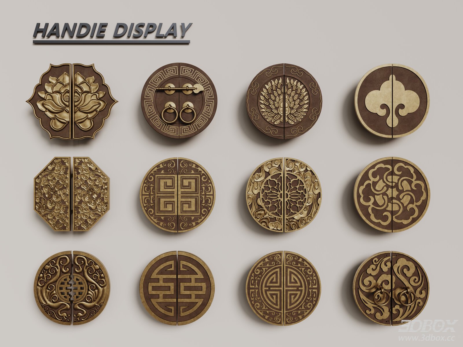 New Chinese Style Carved Brass Door Handle Set
