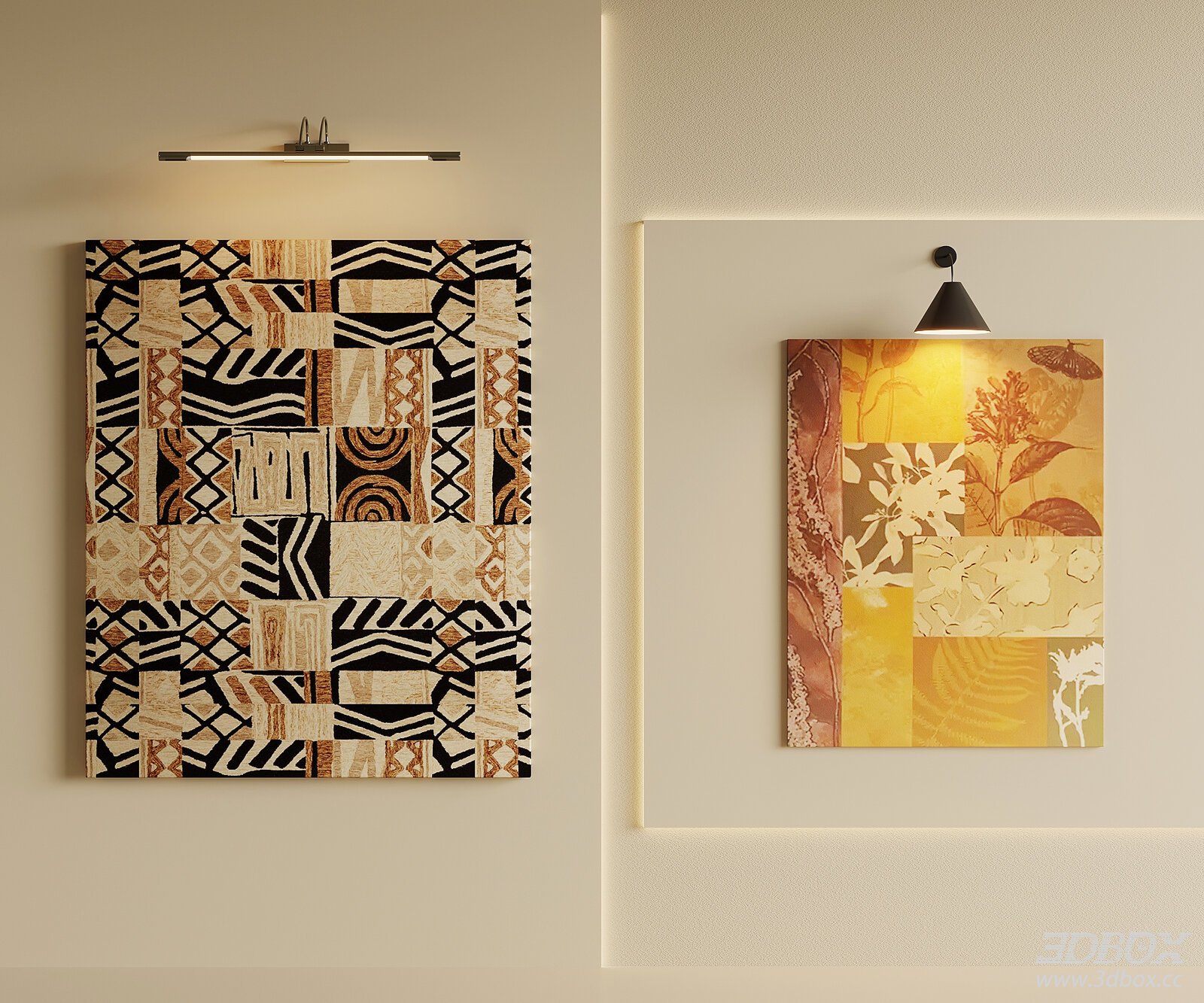 Mid-century Wall Art Paintings with Wall Lamps Set