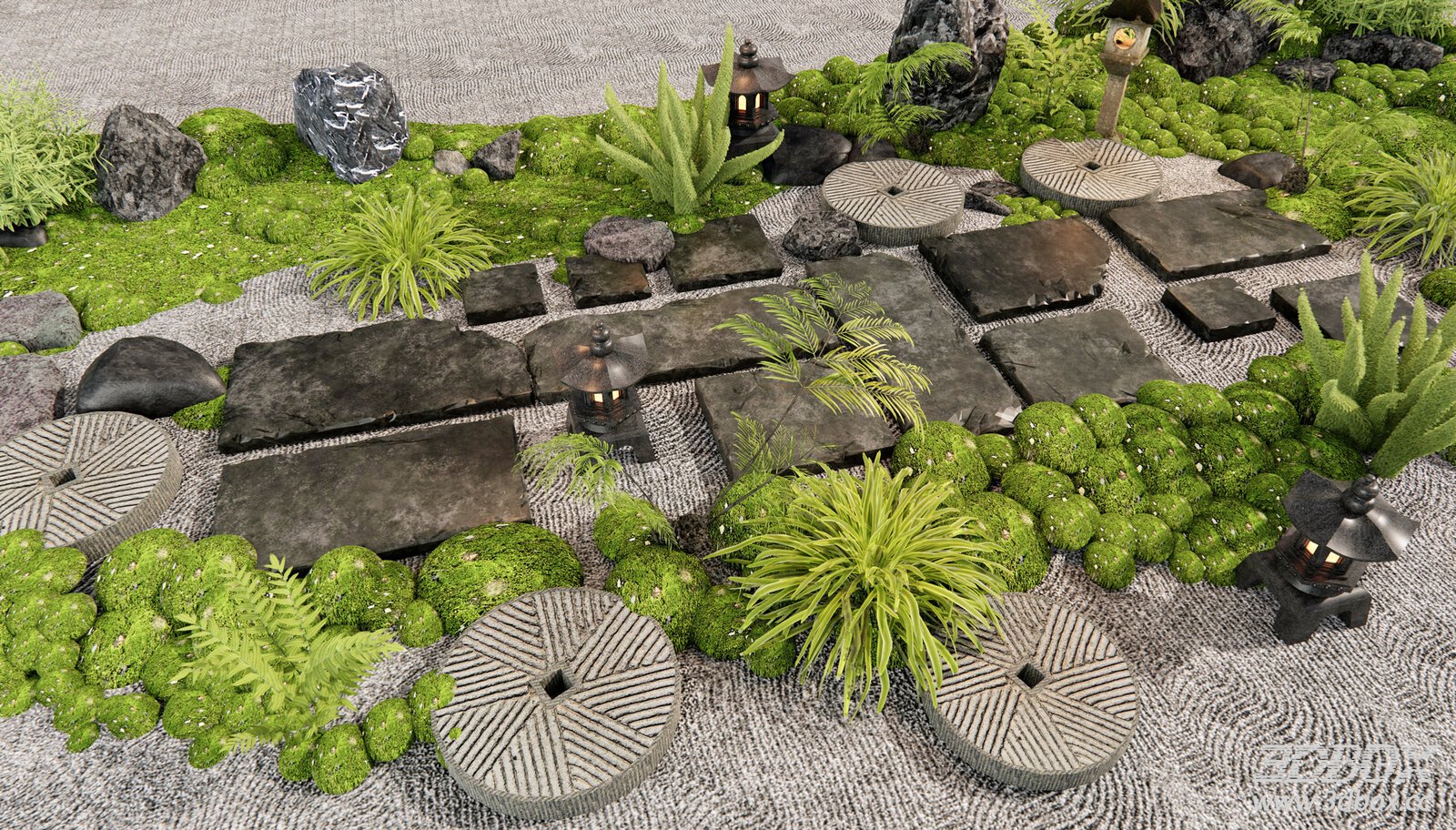 Japanese Zen Garden Landscape with Stepping Stones and Moss Plants