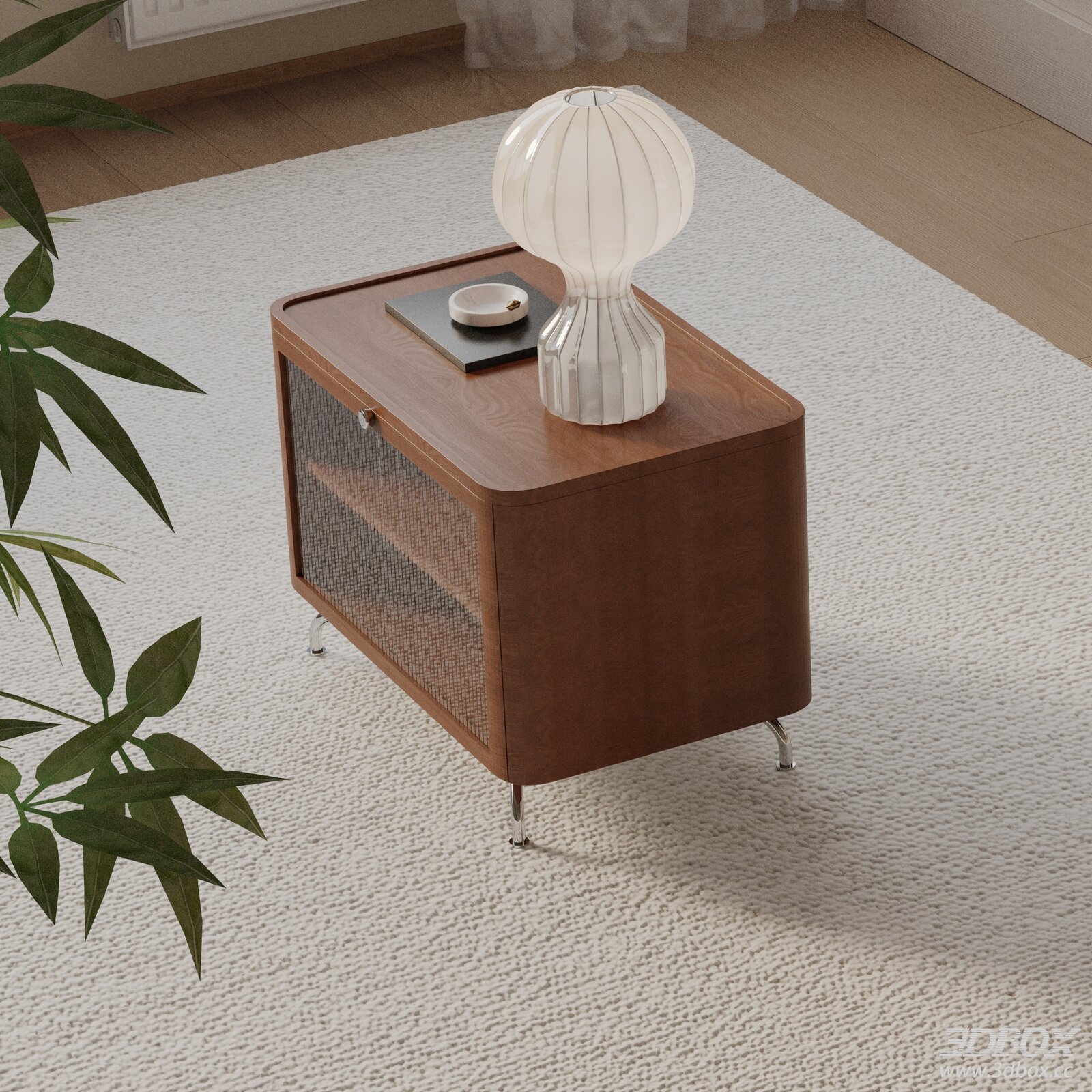 Modern Wooden Walnut Nightstand Side Table with Glass Door
