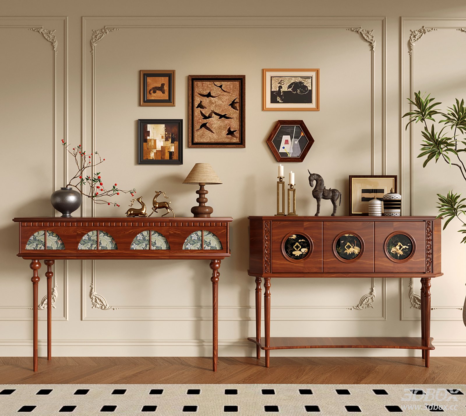 French Vintage Wooden Console Table Sideboard Set