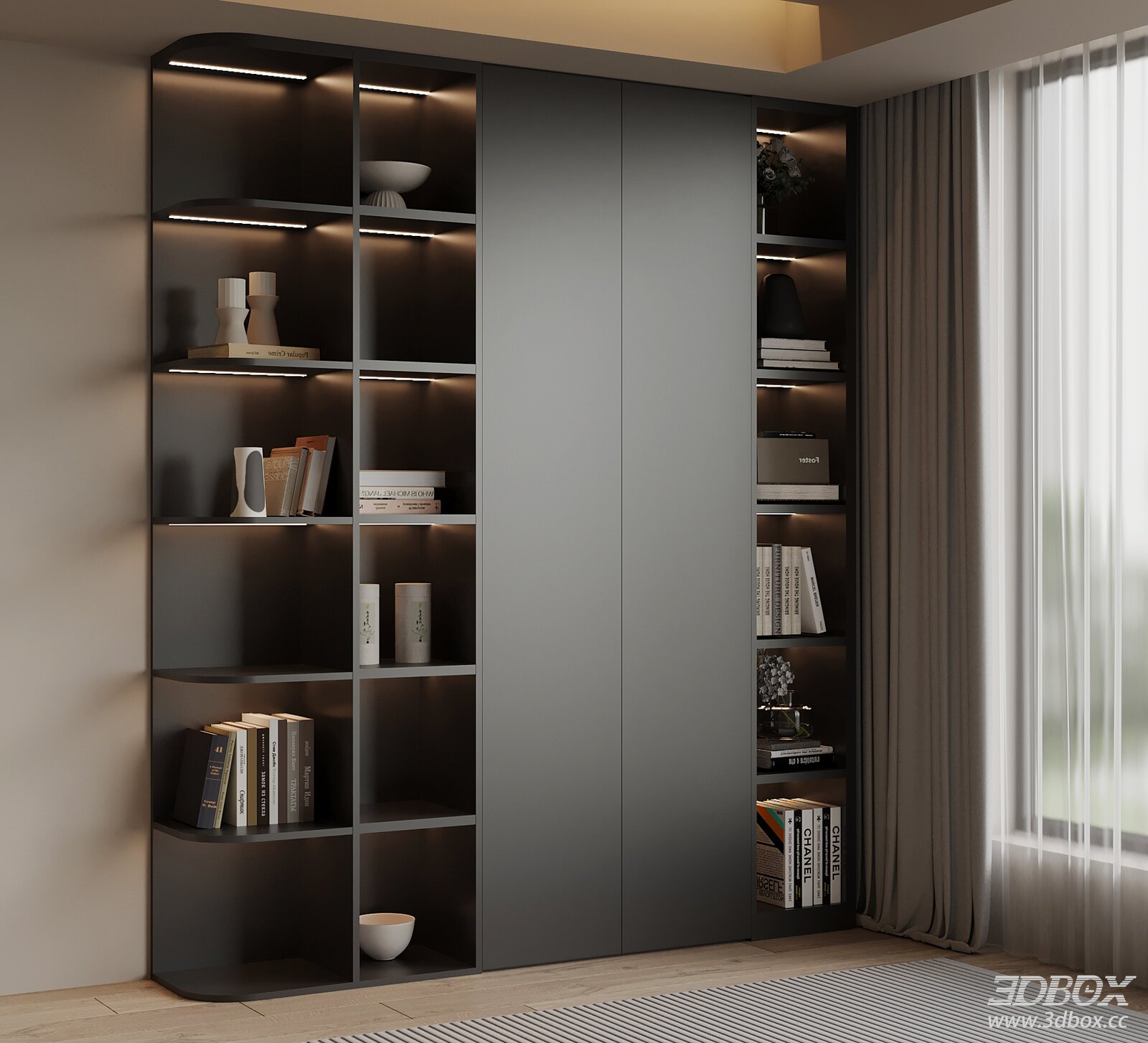 Modern Dark Gray Display Bookshelf with LED Lighting