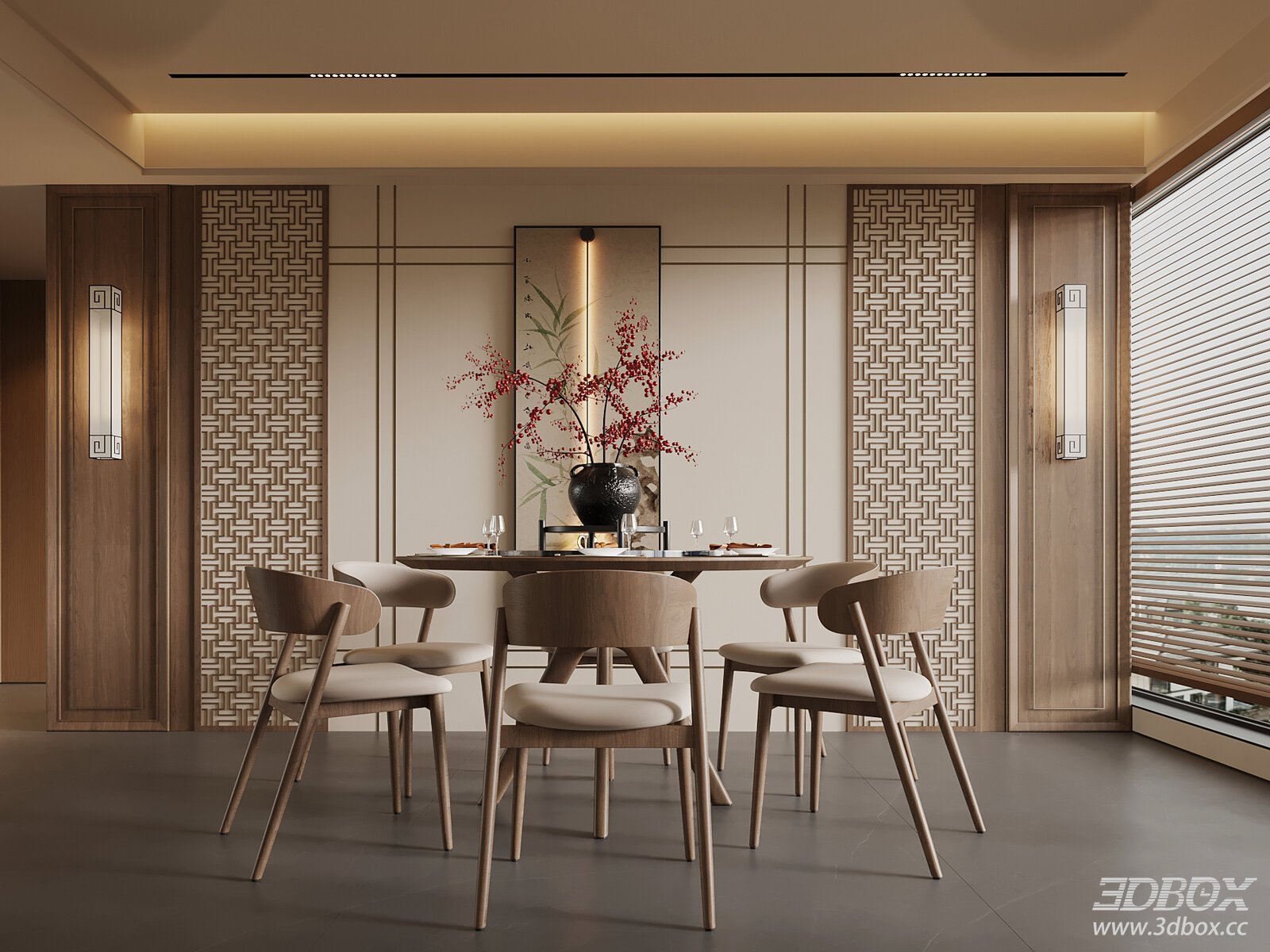 New Chinese Style Dining Room with Wooden Round Table and Chairs
