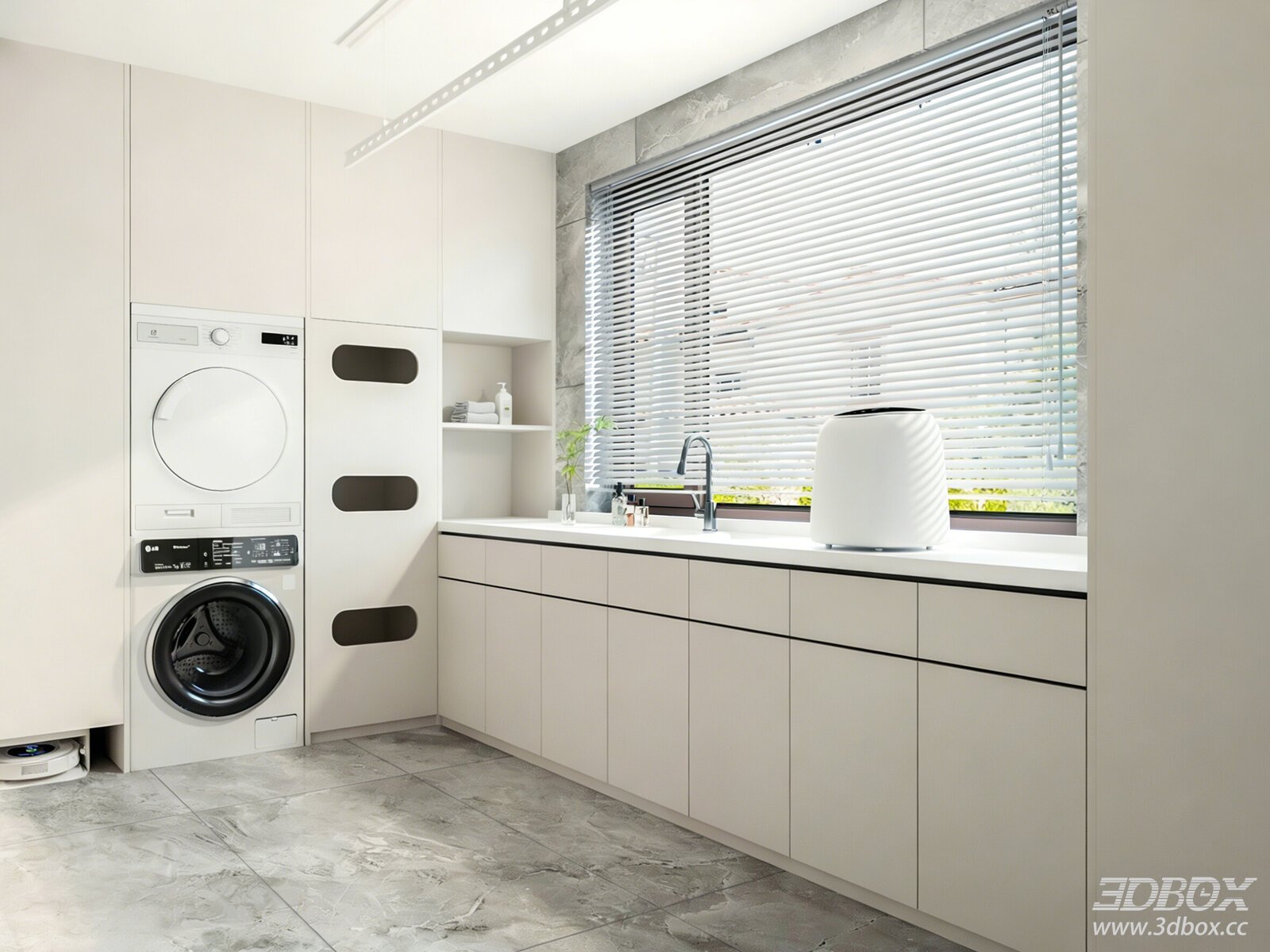 Modern minimalist laundry room interior with smart home appliances