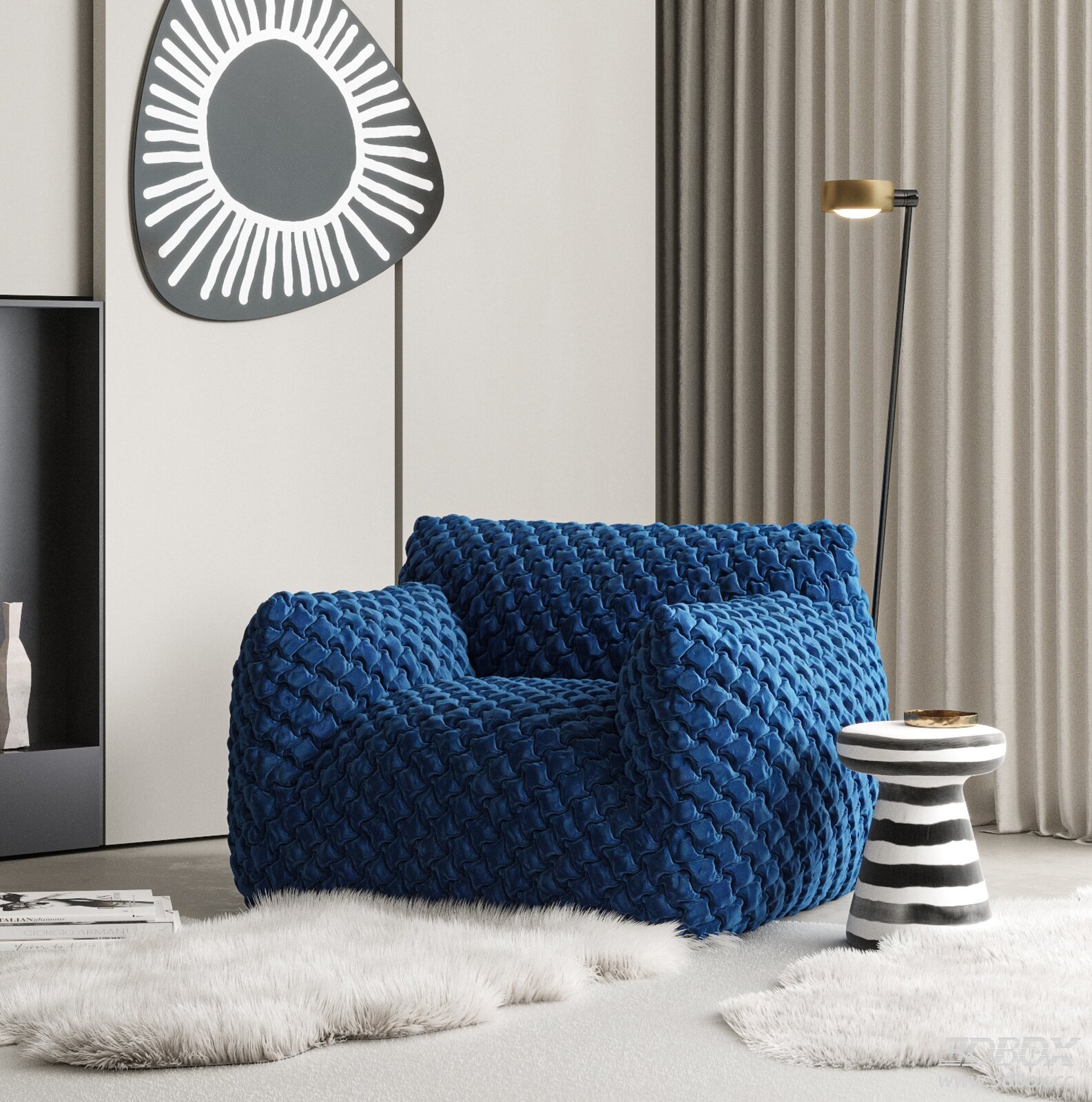Modern Blue Textured Velvet Single Sofa Scene
