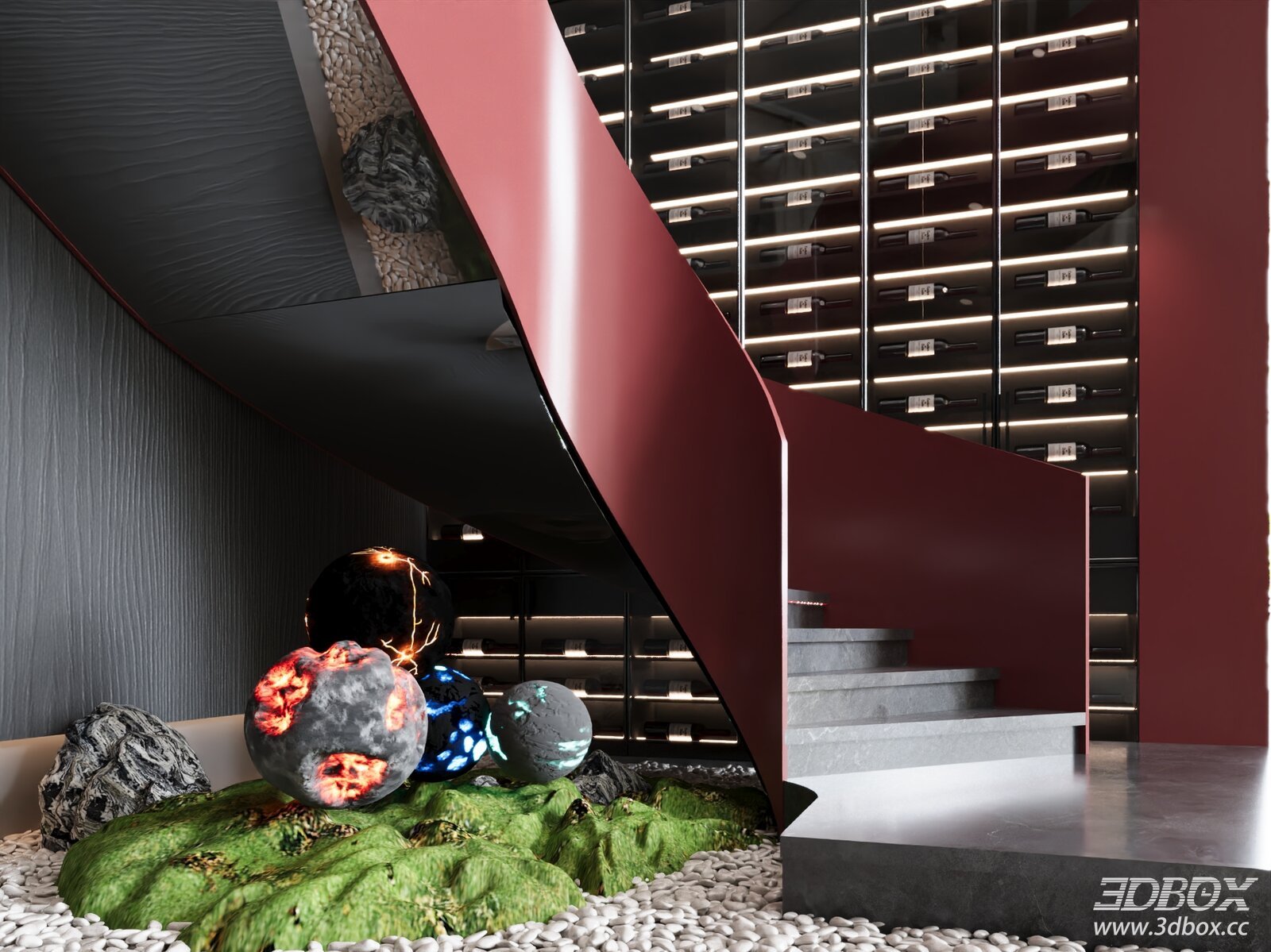 Industrial Style Staircase Hallway With Wine Cabinet And Moss Decor