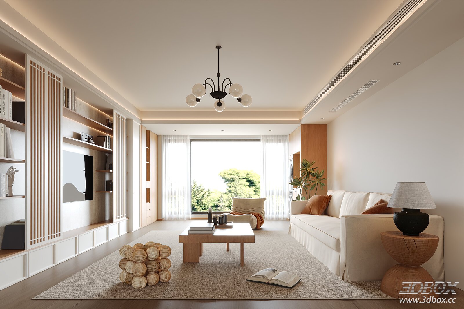 Modern Wooden Style Minimalist Living Room Interior Scene