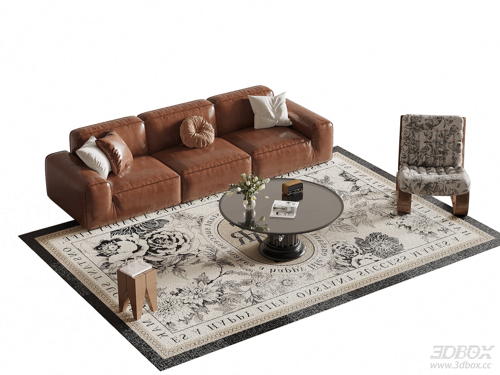 French Vintage Leather Sofa Set with Coffee Table and Armchair
