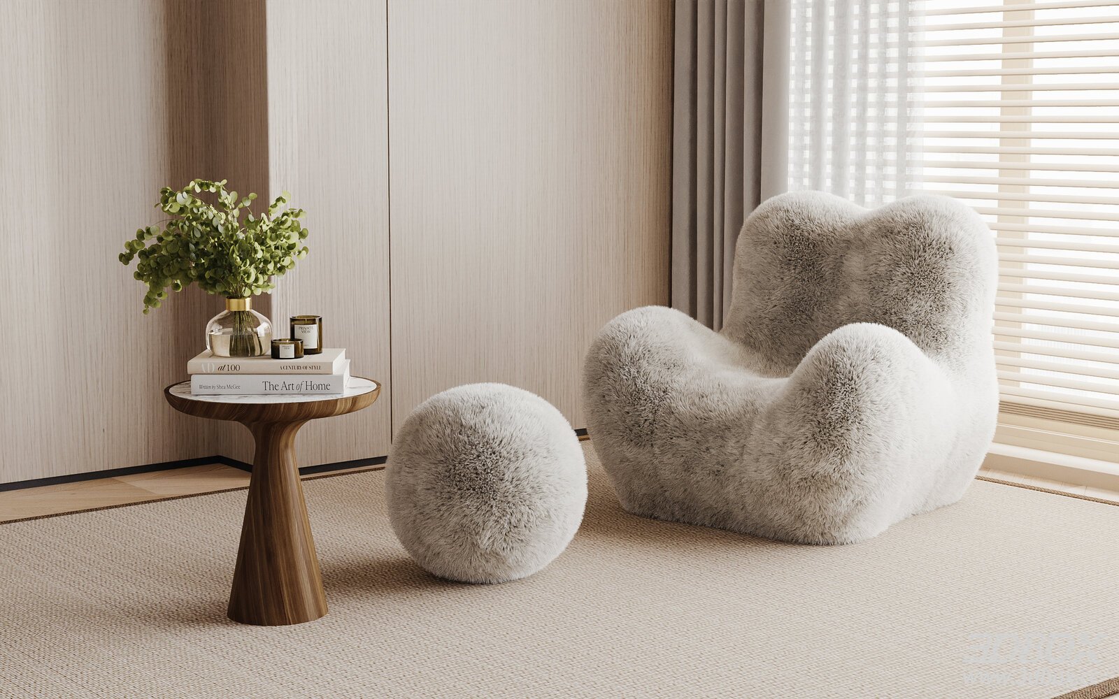 Modern Fluffy Armchair with Ottoman and Side Table Set