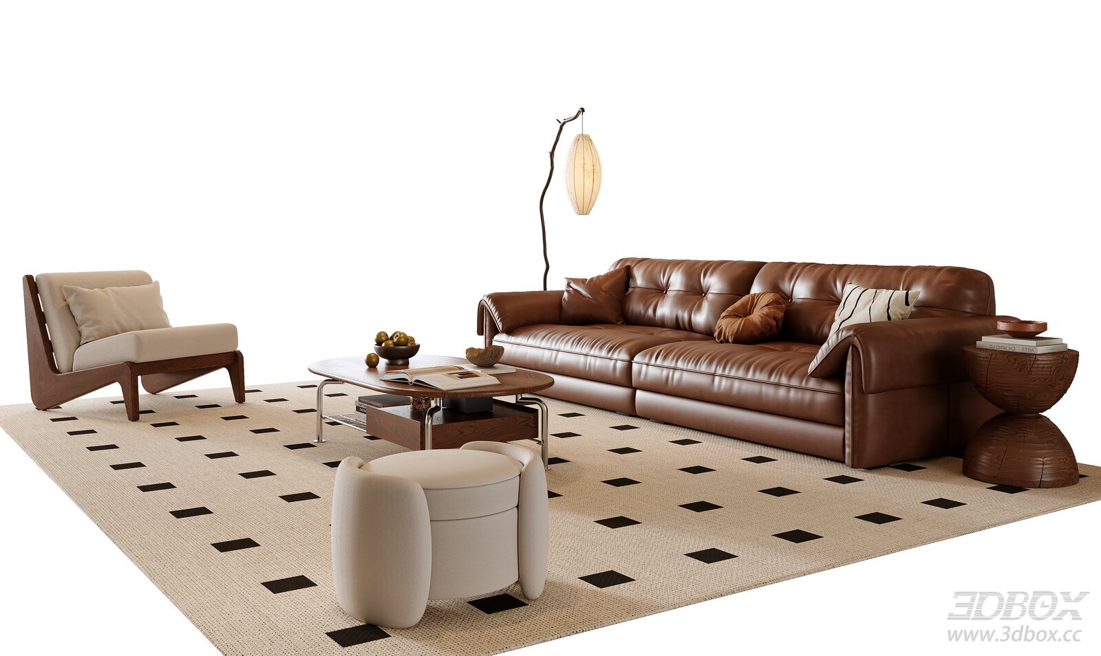 French Mid-Century Leather Sofa and Coffee Table Furniture Set