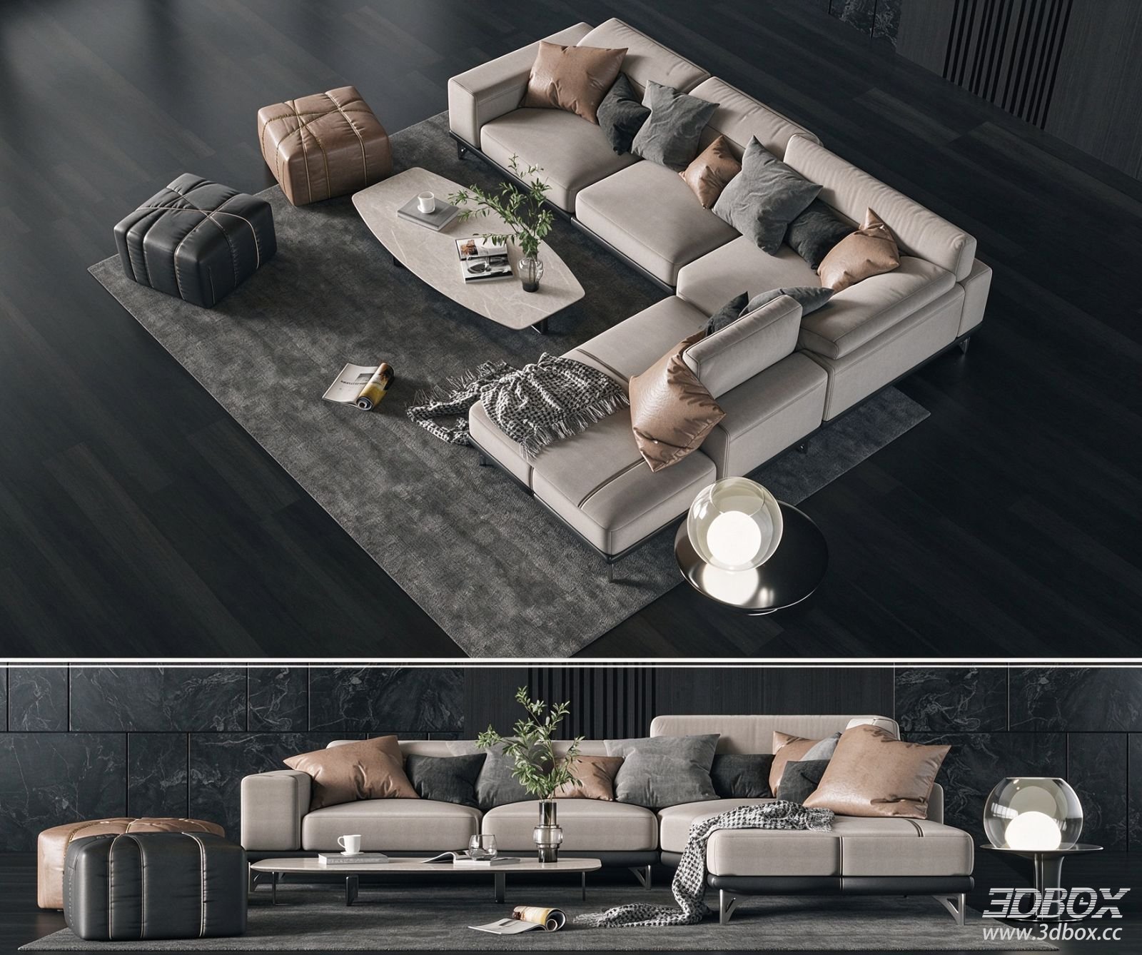 Modern Luxury L-shaped Sofa Set with Coffee Table and Ottomans