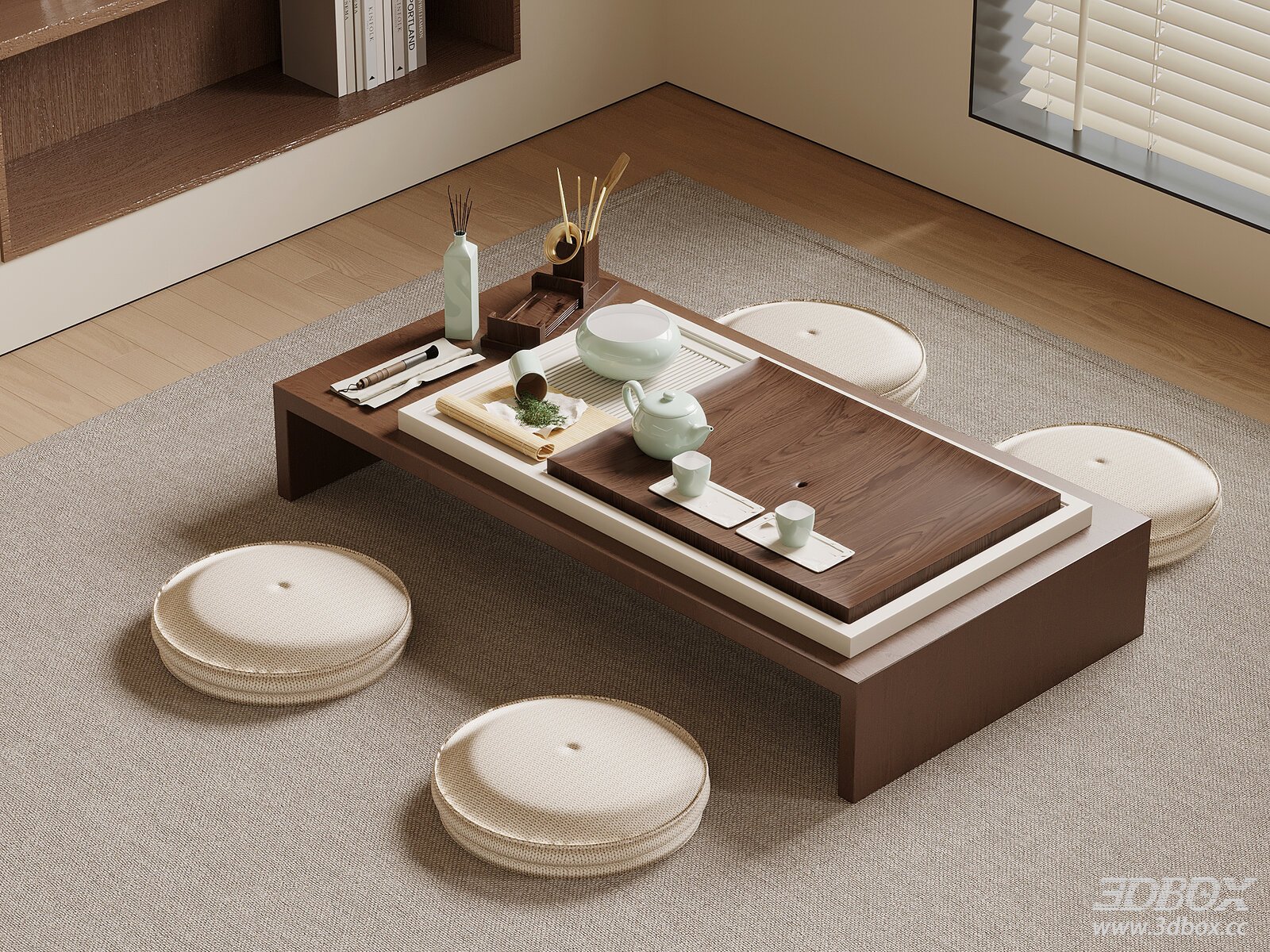 New Chinese Style Low Tea Table with Tatami Cushions Tea Set