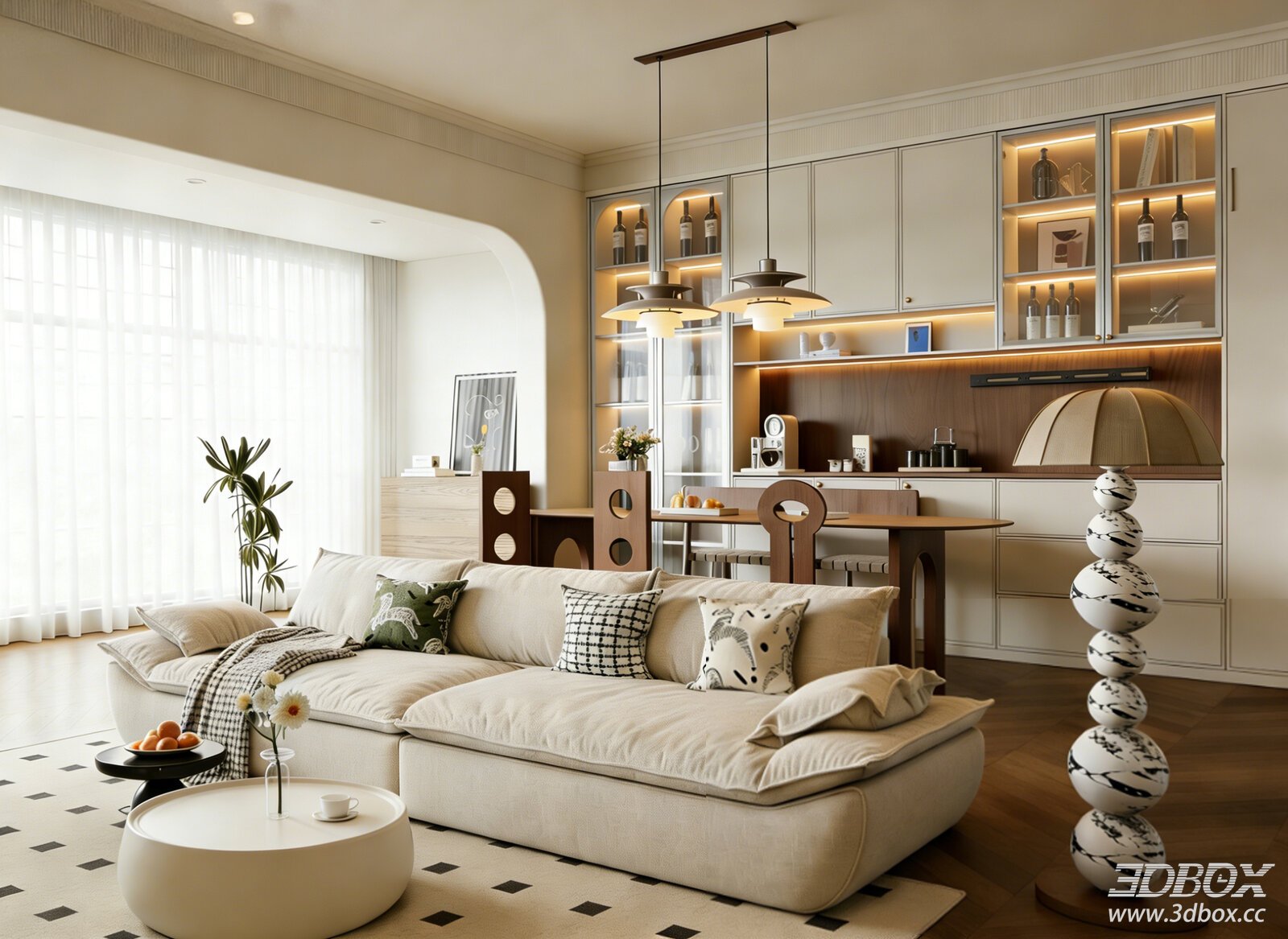 Cream Style Modern Living and Dining Room Interior Scene