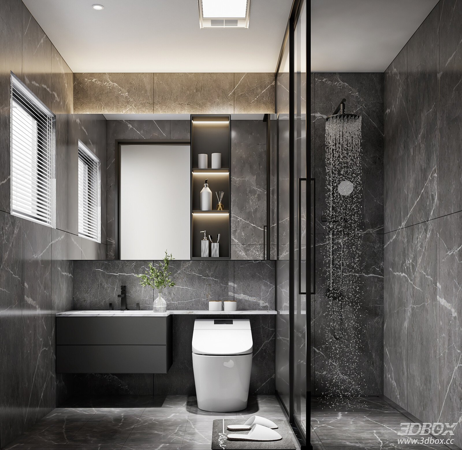 Modern Minimalist Dark Marble Bathroom with Smart Toilet and Shower
