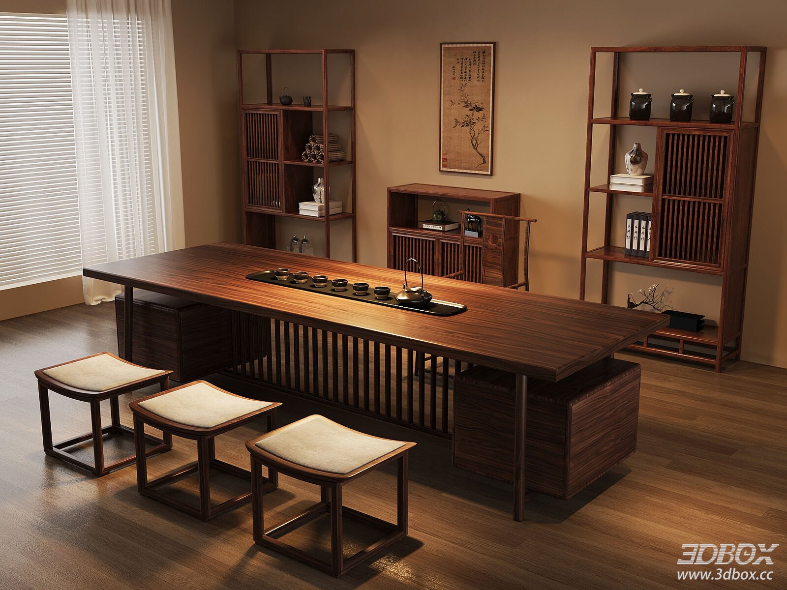 New Chinese Style Tea Room Scene with Tea Table and Display Shelves