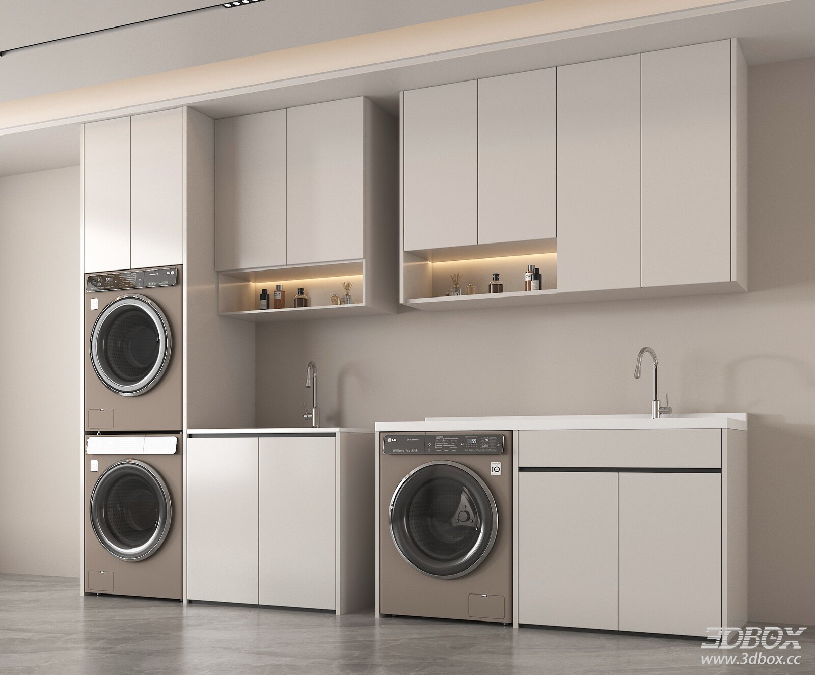 Modern Minimalist Laundry Cabinet Scene with Washing Machines