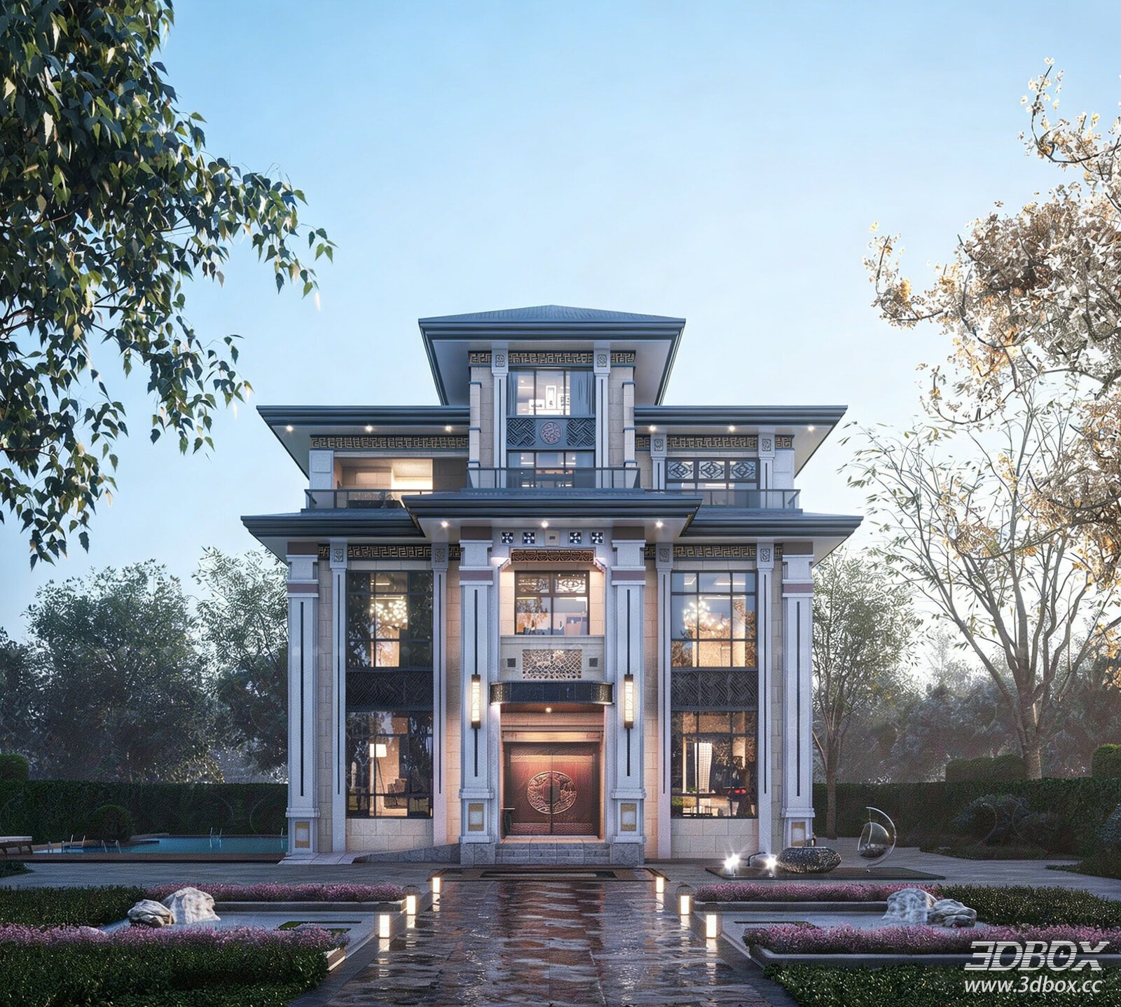 New Chinese Style Detached Villa Exterior Scene