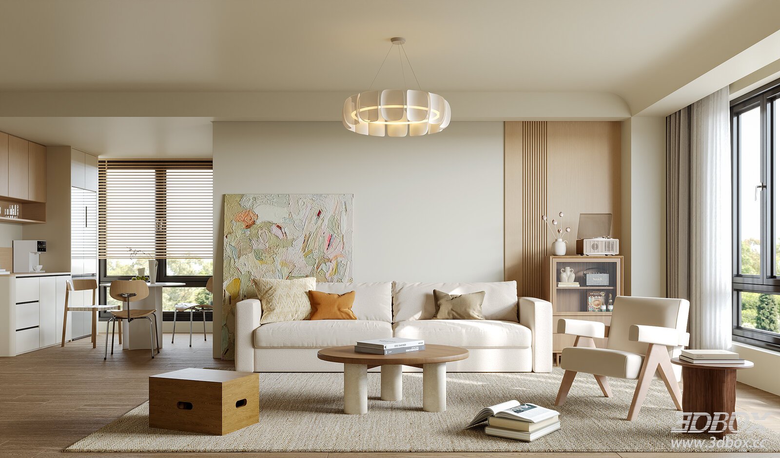 Wabi Sabi Style Living and Dining Room Interior Scene