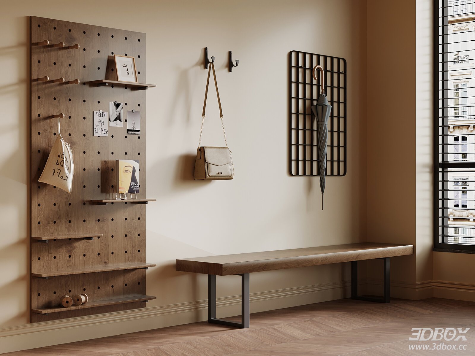 Mid Century Modern Hallway Entry Set with Pegboard and Shoe Bench