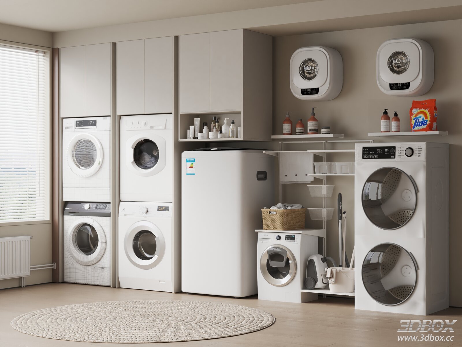 Modern Minimalist Laundry Room with Washing Machines and Storage