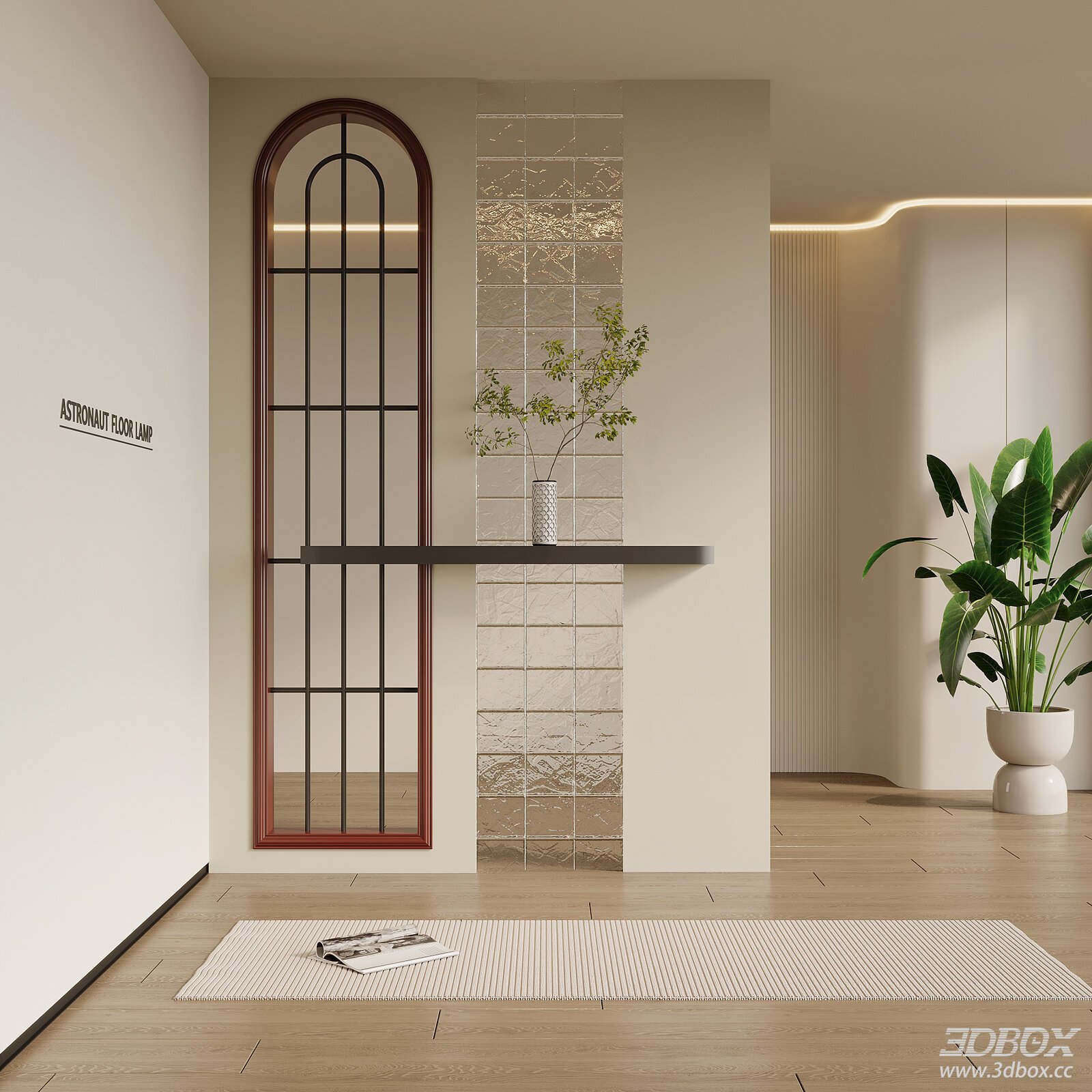 French Cream Style Hallway with Arched Mirror and Glass Brick Wall
