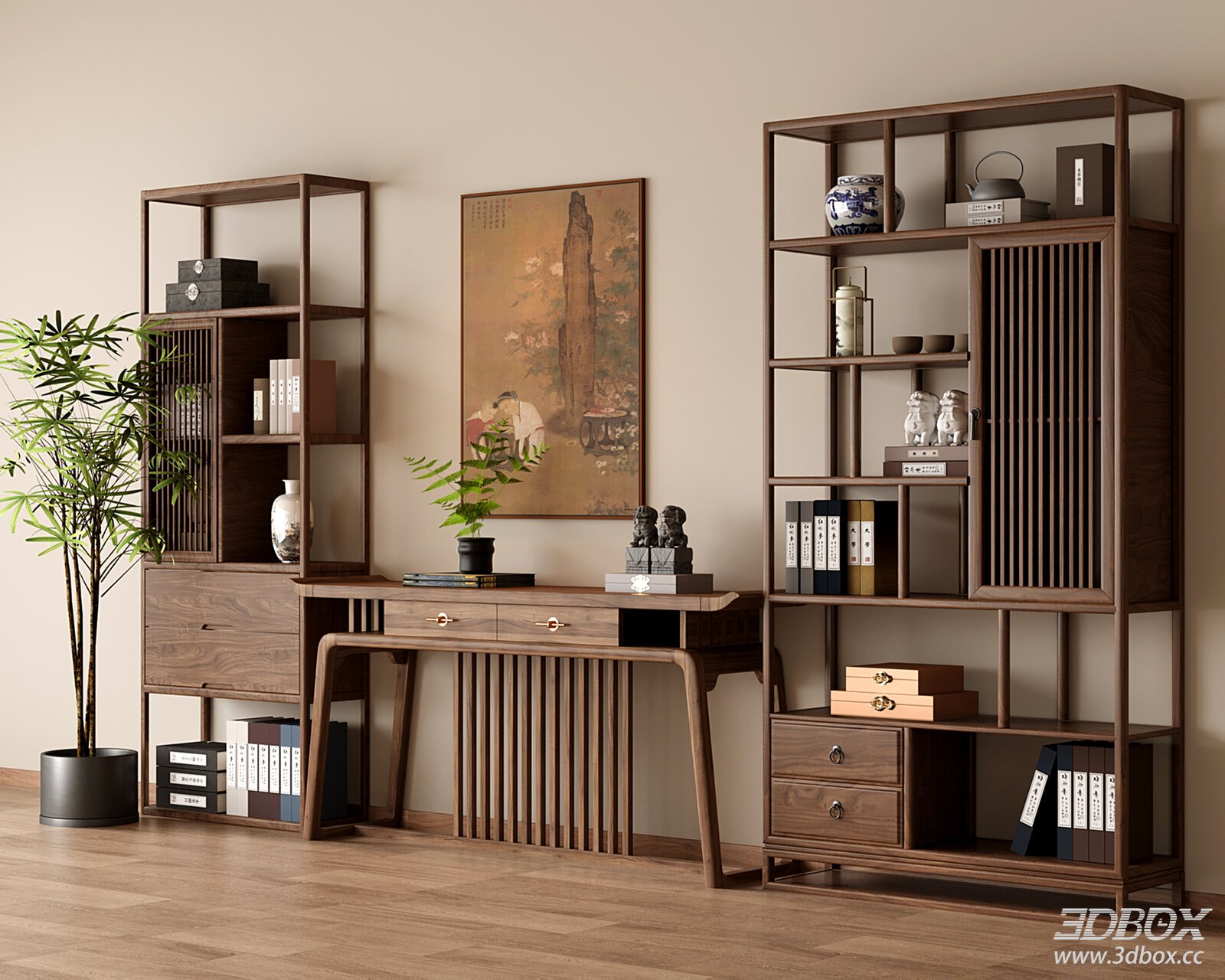 New Chinese Style Walnut Wood Display Shelf Console Table Set