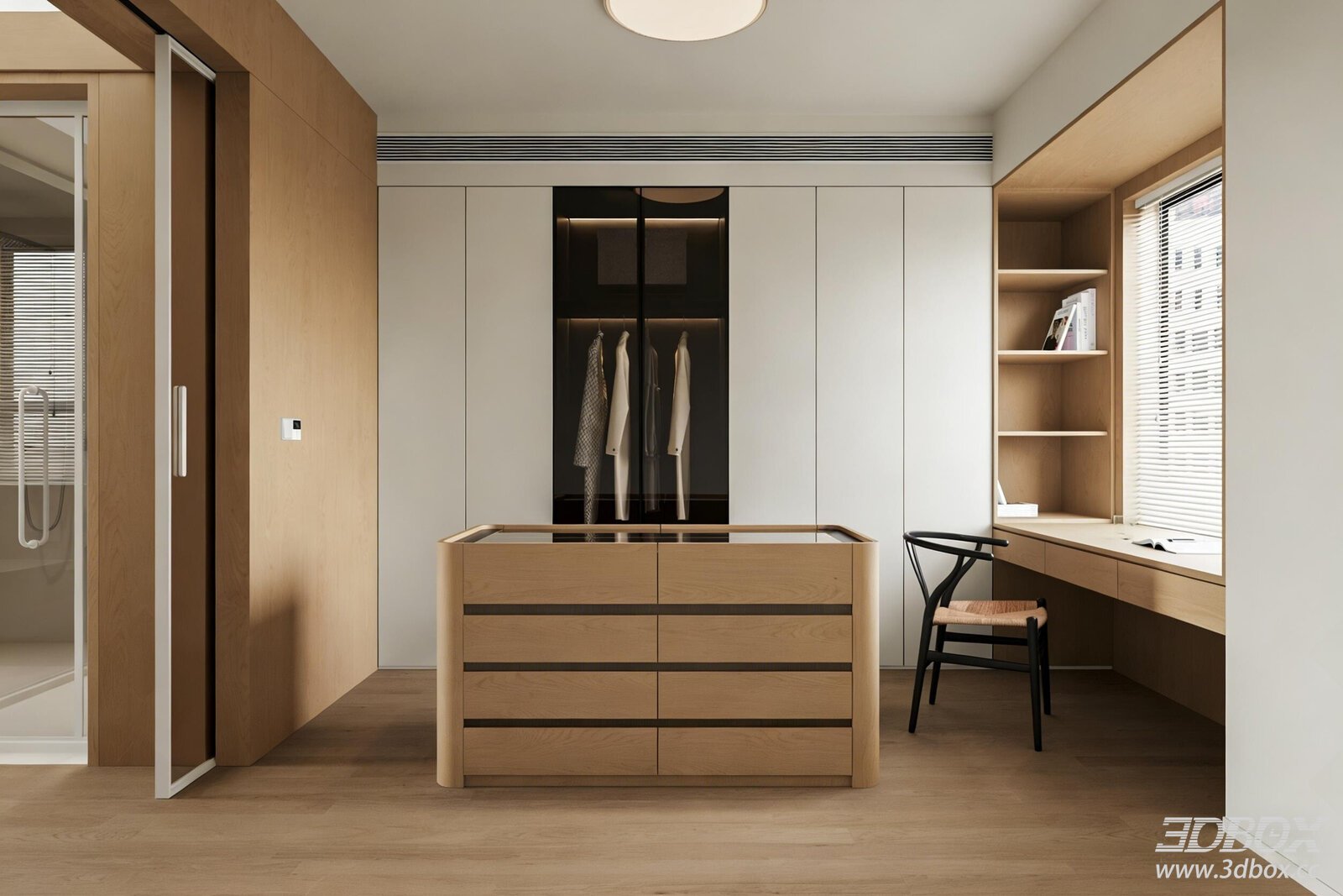 Modern Minimalist Dressing Room with Wardrobe and Island Cabinet
