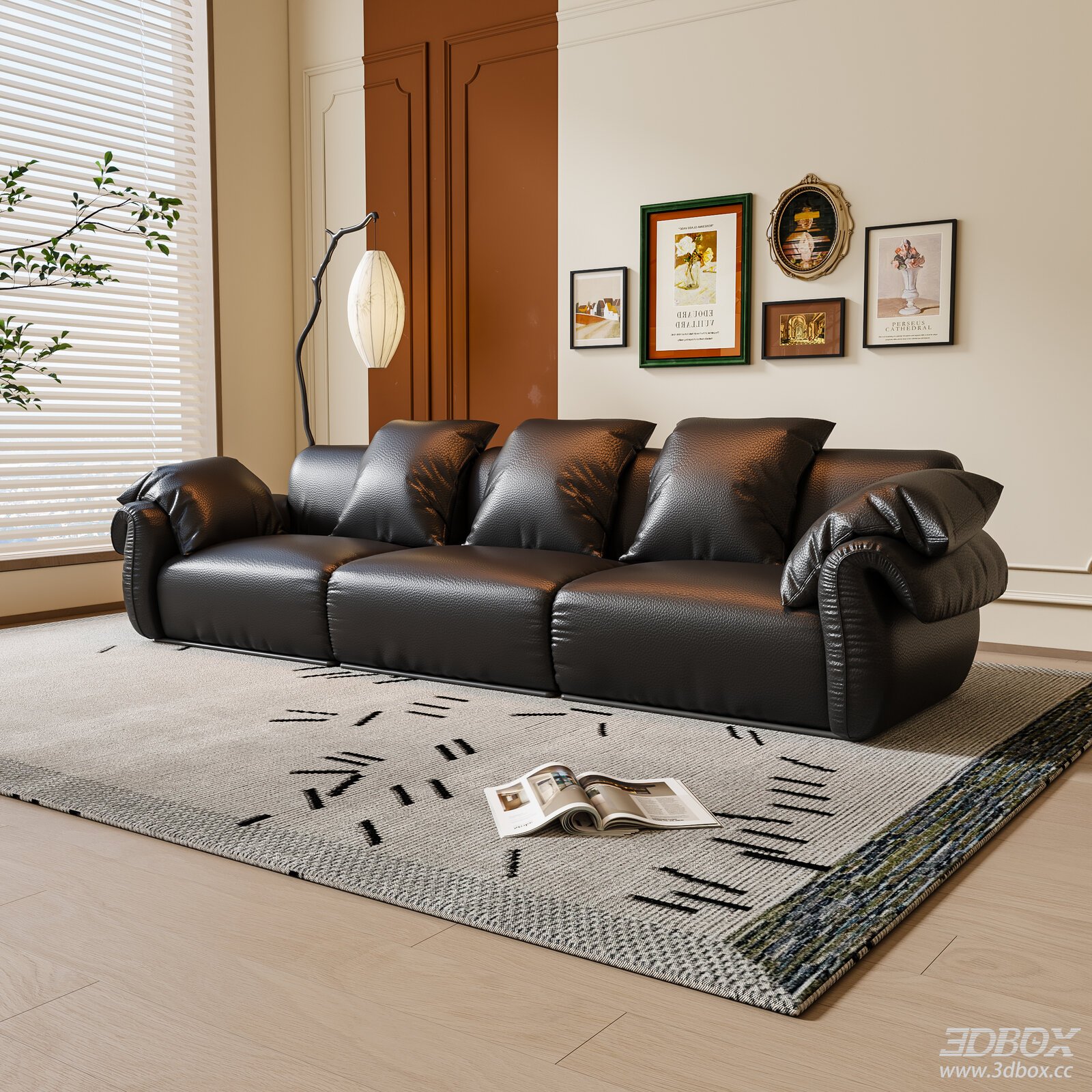 French Style 3-seater Black Leather Sofa