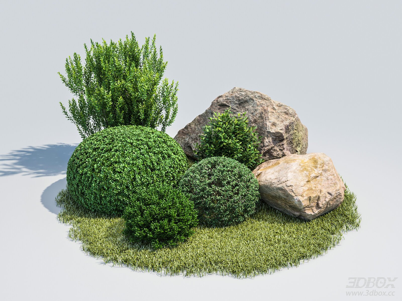 Garden Landscape Set Topiary Bushes Rocks Grass