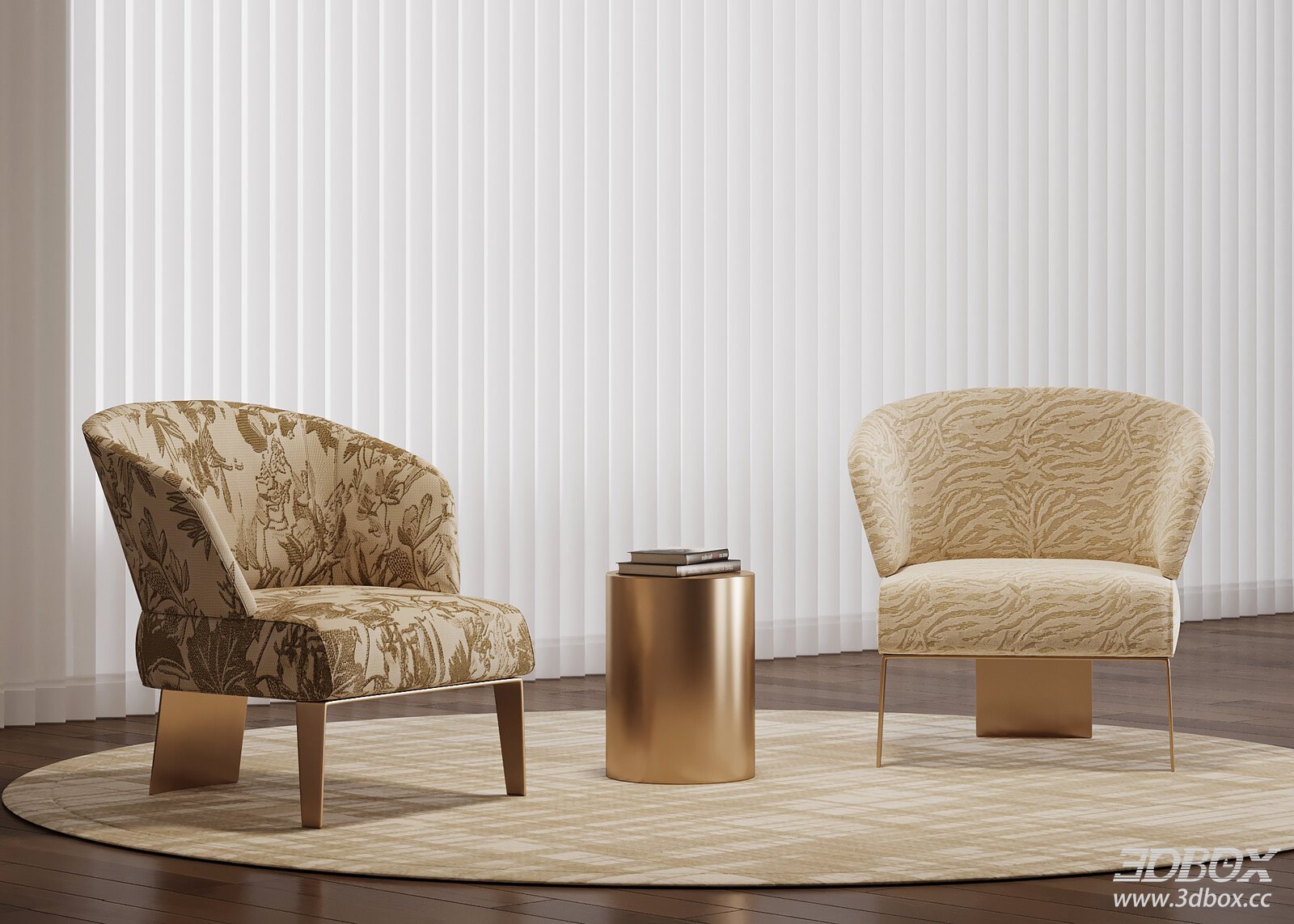 Modern Luxury Fabric Armchair Set with Brass Side Table