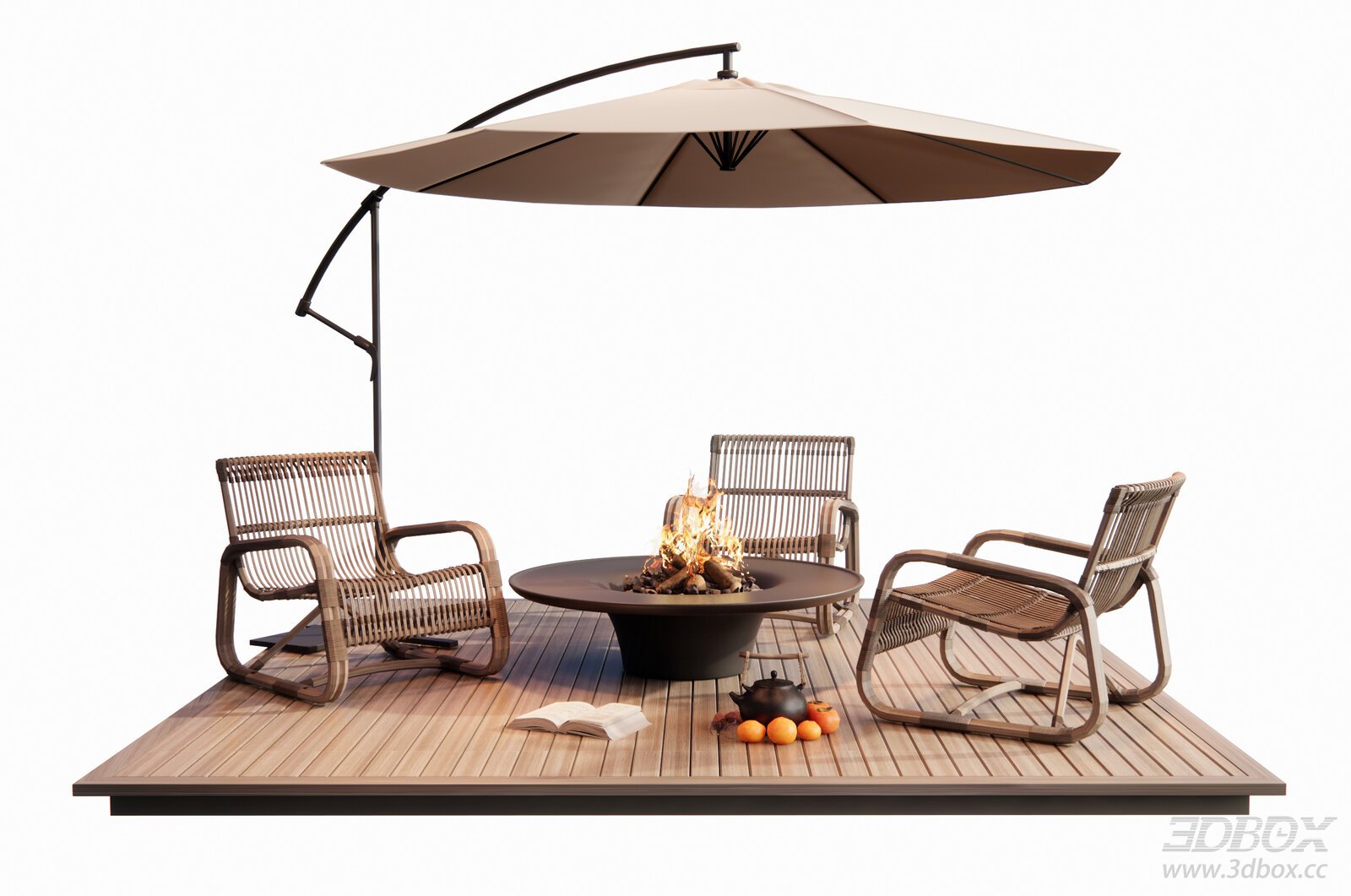 Modern Outdoor Rattan Lounge Set with Fire Pit and Patio Umbrella