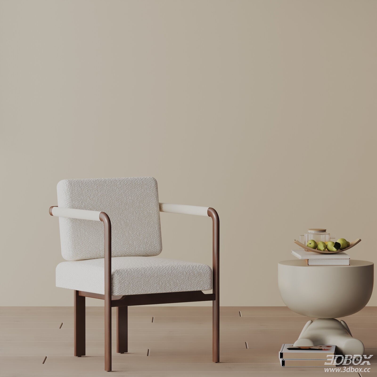 Modern Minimalist Boucle Fabric Armchair with Wooden Frame