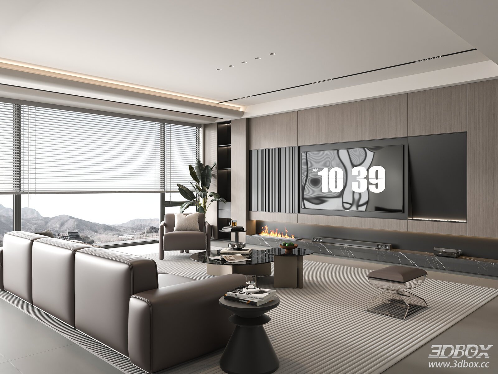 Modern Minimalist Luxury Living Room with Leather Sofa and TV Wall