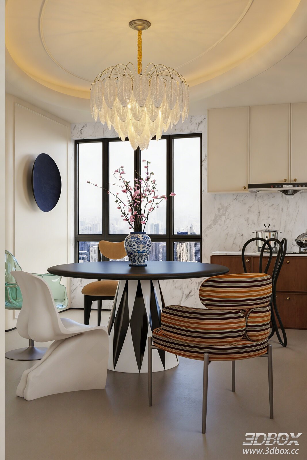 French Luxury Open Kitchen Dining Room with Round Table