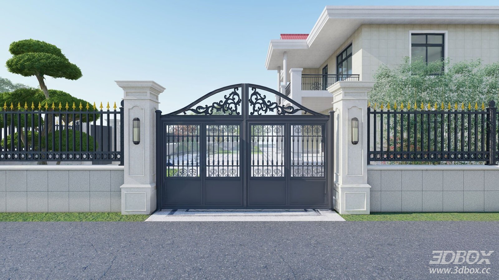 European Style Wrought Iron Villa Entrance Gate With Fence