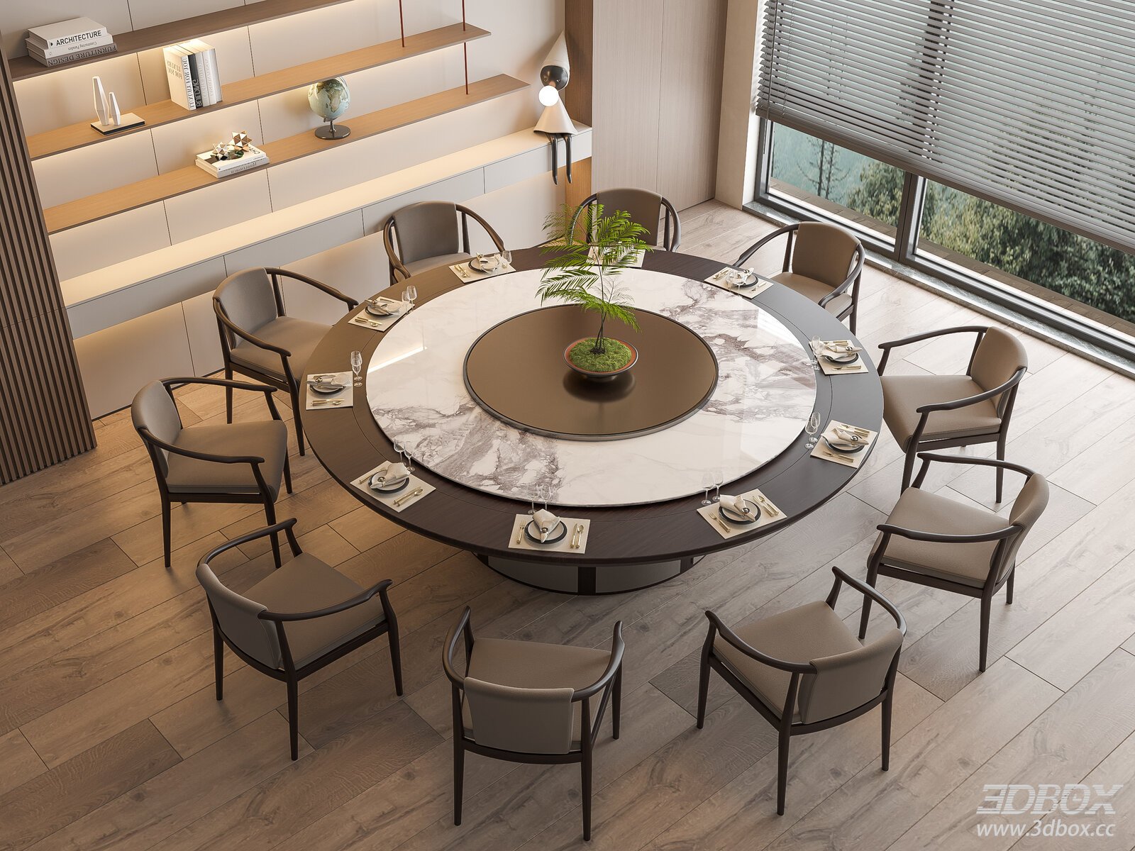 Modern Round Marble Lazy Susan Dining Table and Chairs Set