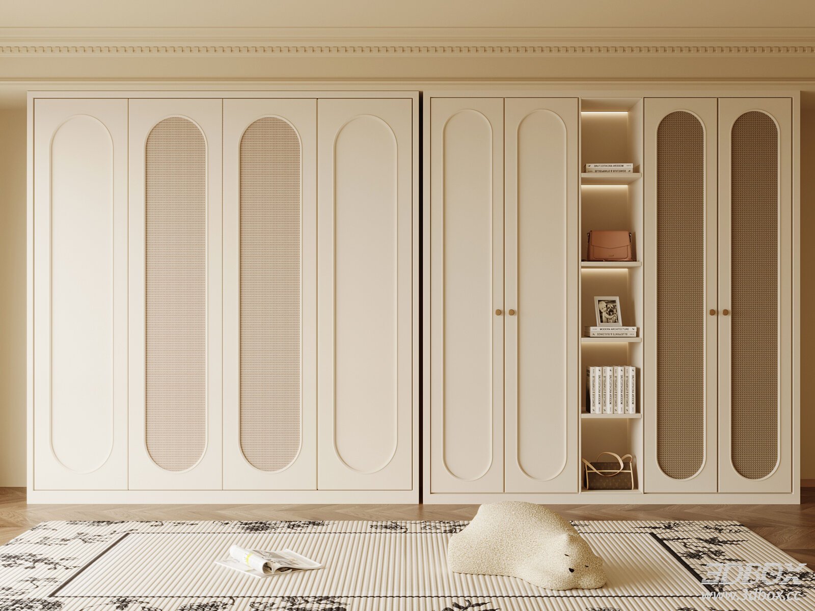 French Style Cream White Rattan Panel Wardrobe
