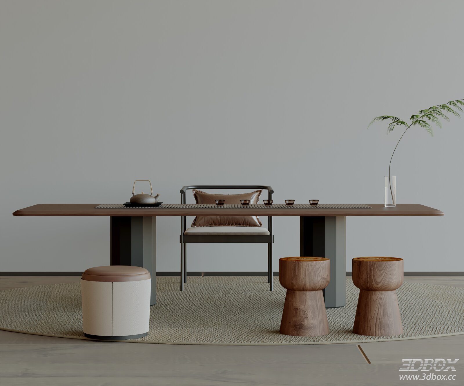 Modern Minimalist Tea Room Set with Wooden Table and Seats