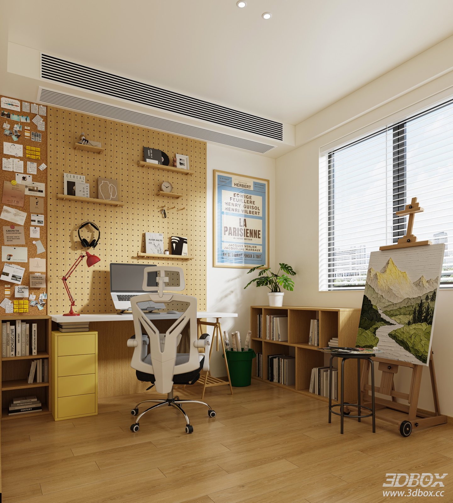 Modern Natural Wood Work Room Interior Scene