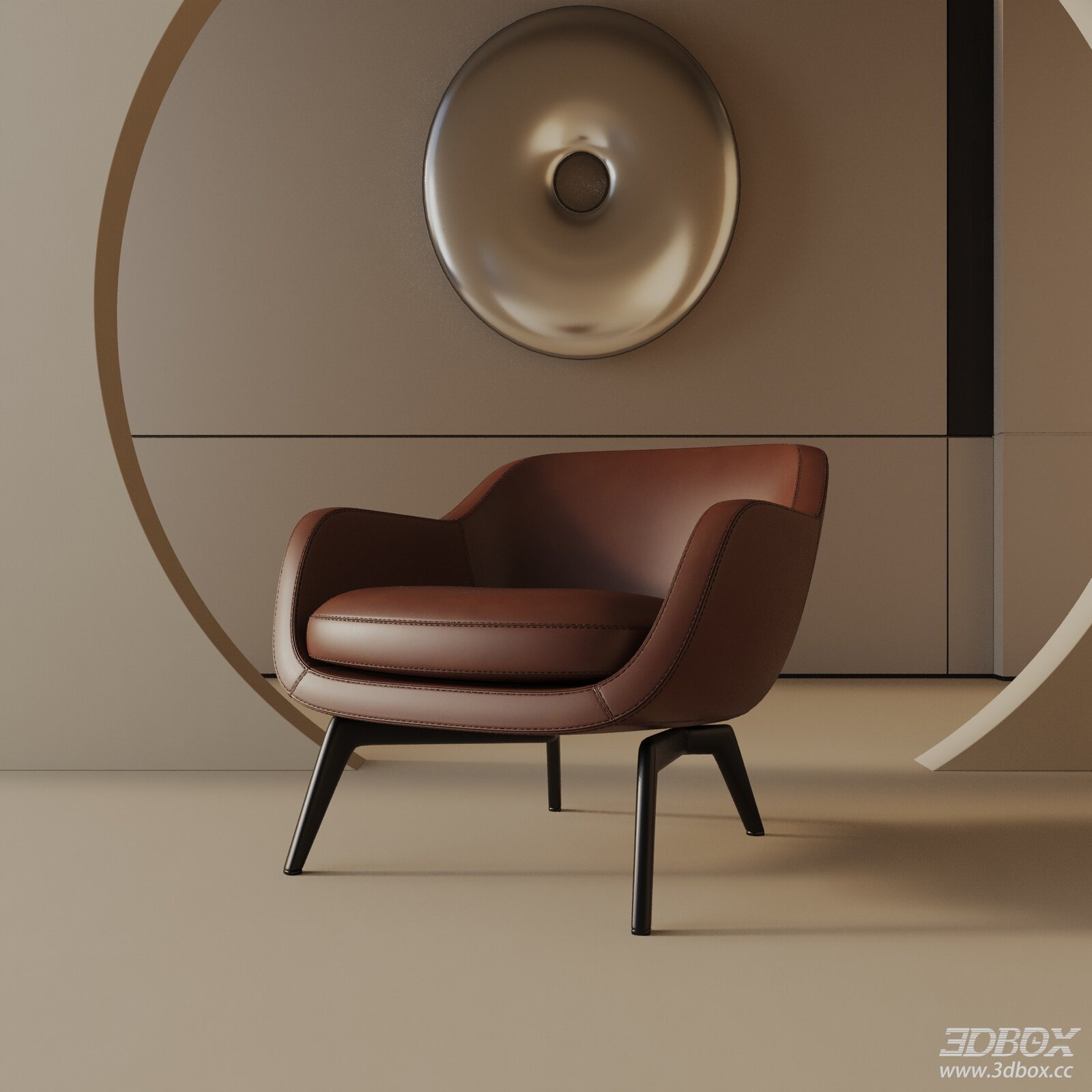Modern Brown Leather Armchair with Black Metal Legs