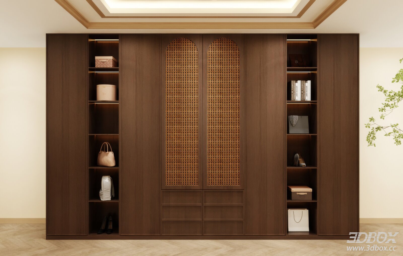 Modern Rattan Panel Wooden Wardrobe Storage Cabinet