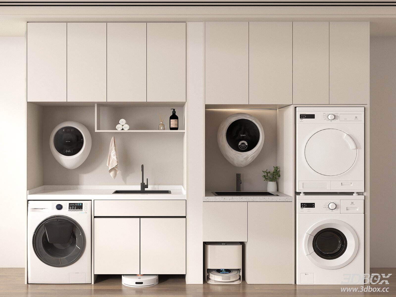Modern Cream Style Laundry Cabinet with Washing Machines and Dryers