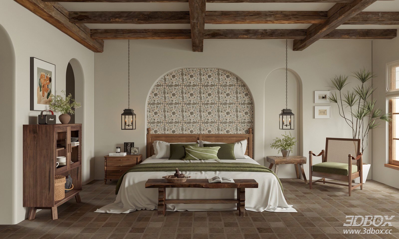 Wabi Sabi Natural Wood Homestay Bedroom Interior Scene