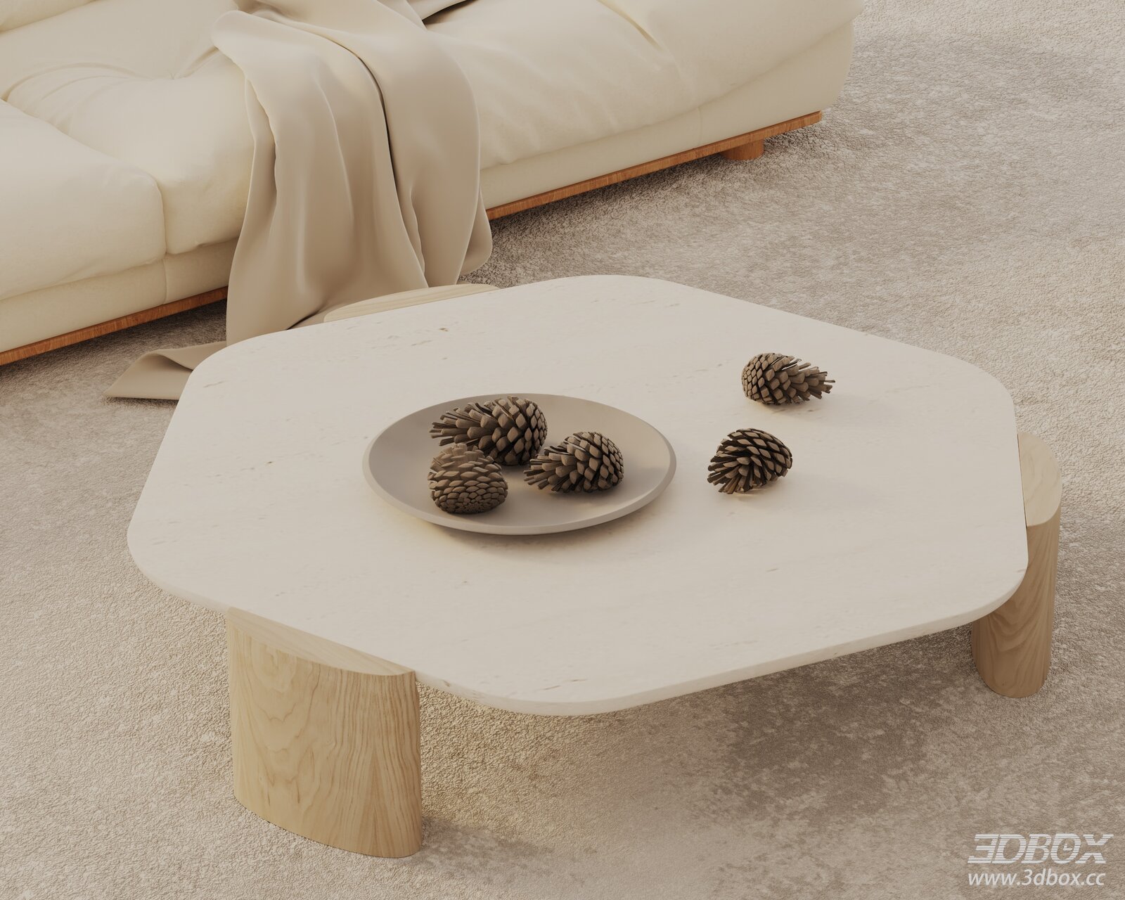 Modern Minimalist Travertine Top Wooden Leg Coffee Table