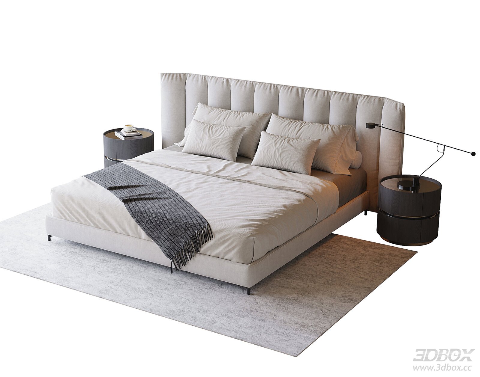 Modern Upholstered Double Bed with Nightstands and Table Lamp
