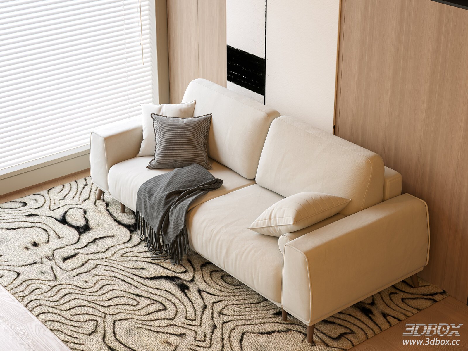 Modern Beige Fabric Double Sofa with Pillows and Throw Blanket