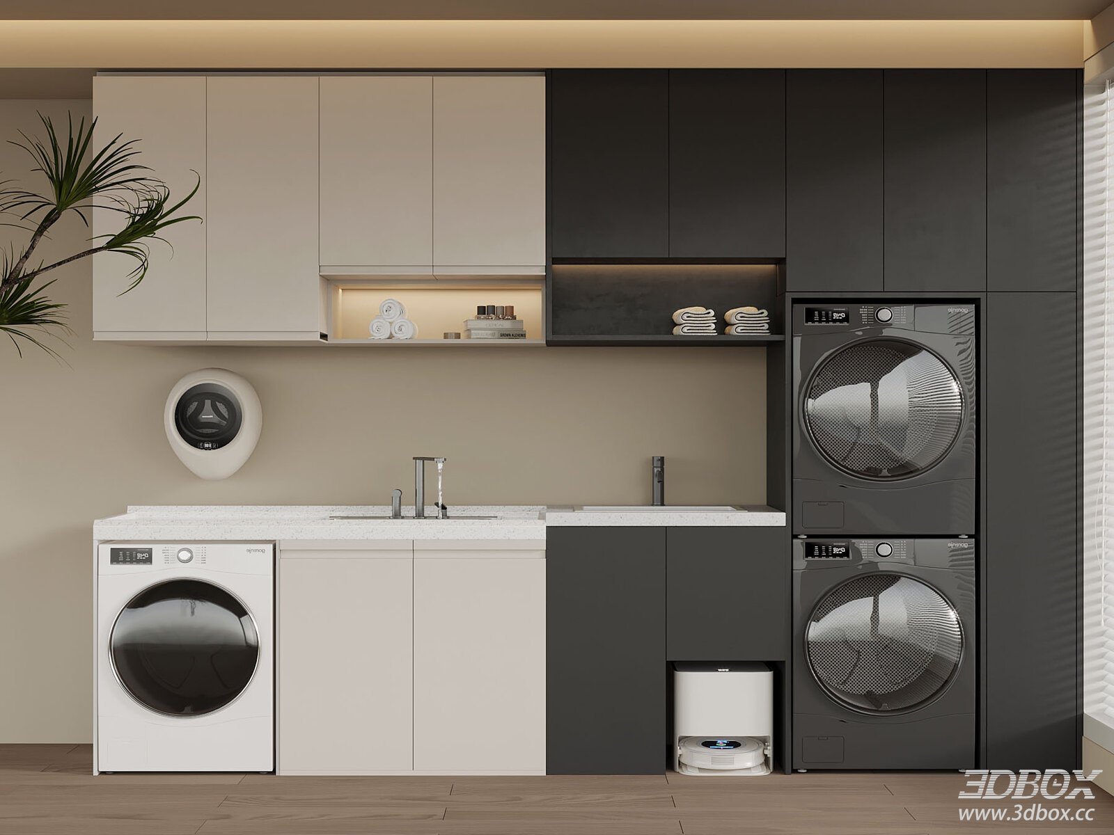 Modern Laundry Room with Washing Machines and Storage Cabinets