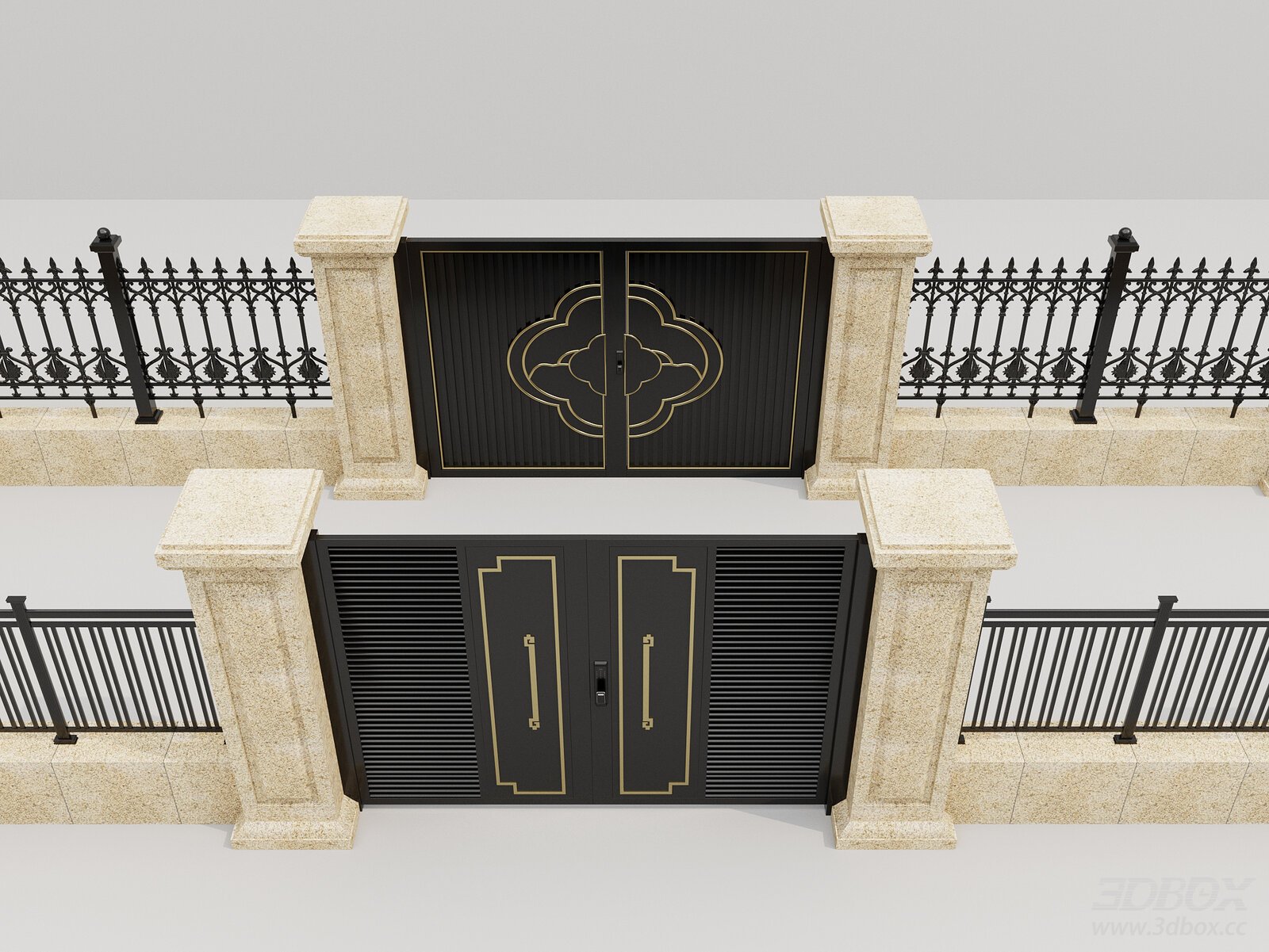 Luxury Villa Courtyard Gate with Wrought Iron Fence and Stone Pillars