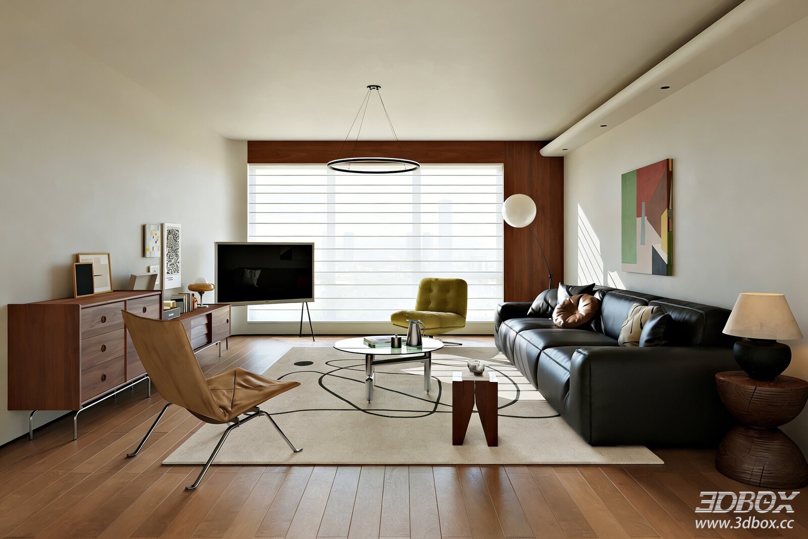 Modern Minimalist Living Room with Leather Sofa and TV Cabinet