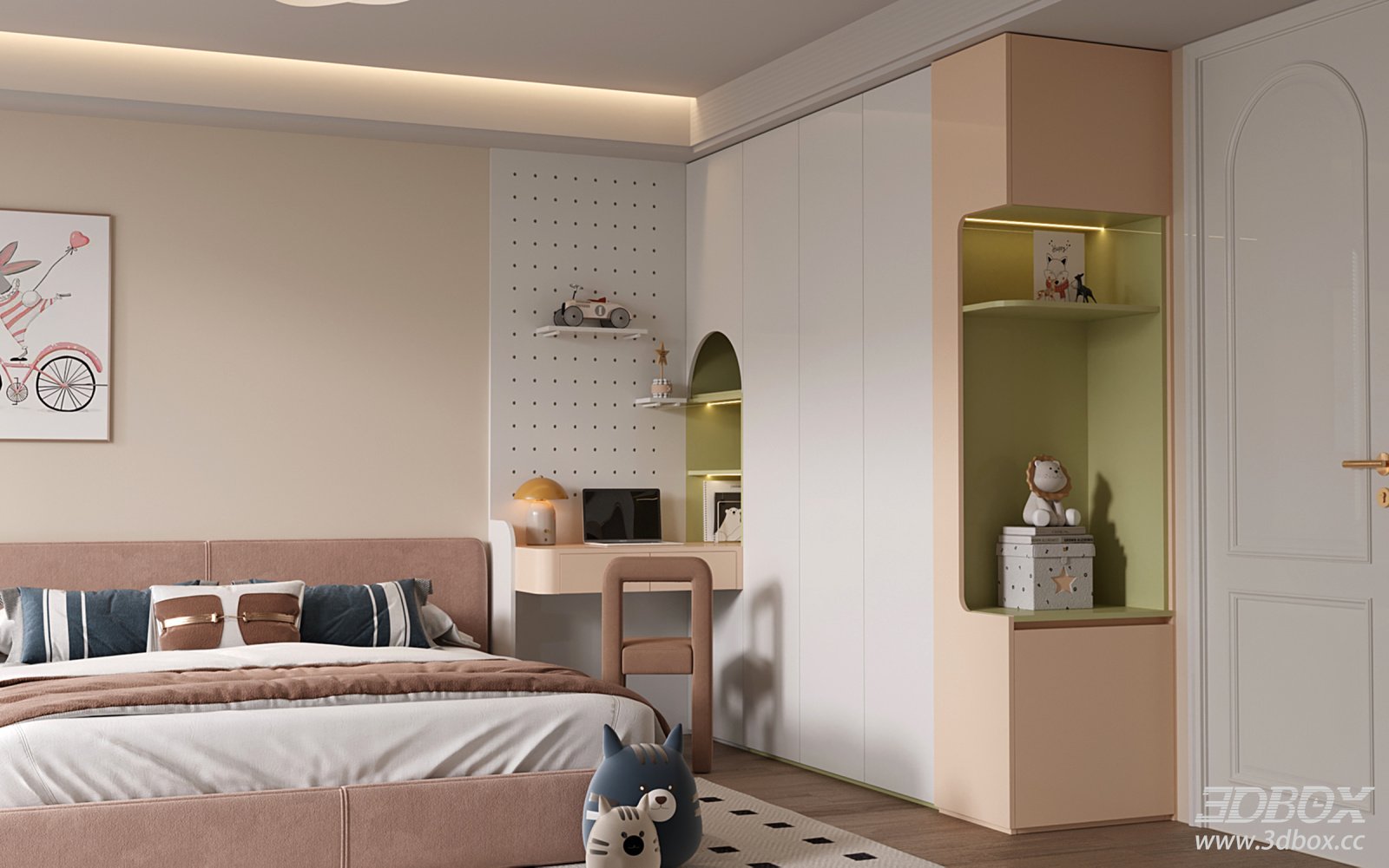 Modern Pastel Kids Bedroom with Wardrobe and Study Desk